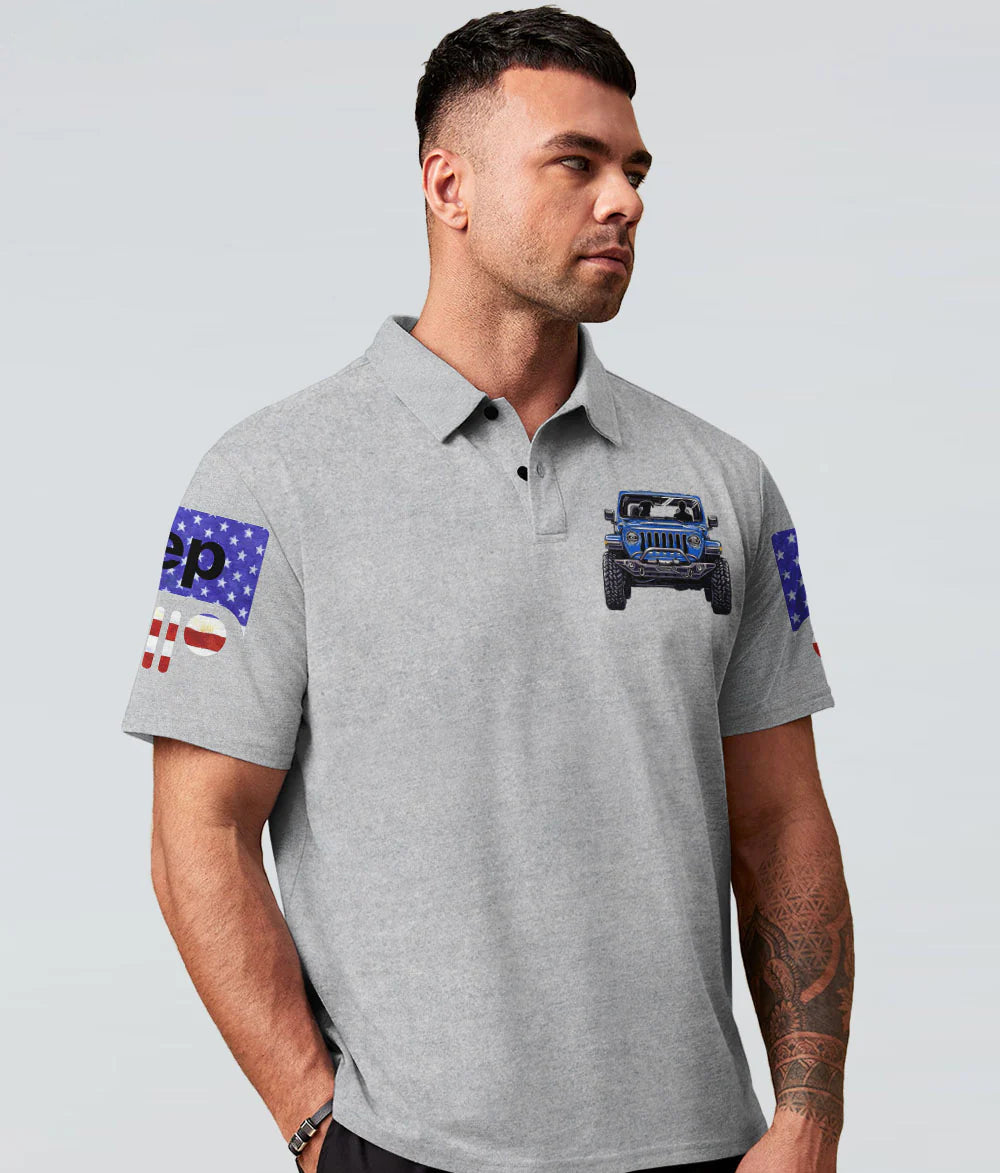 a-man-his-dog-and-his-jeep-flag-gray-polo-shirt