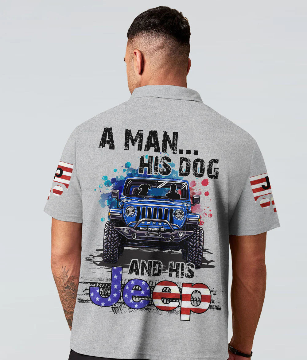 a-man-his-dog-and-his-jeep-flag-gray-polo-shirt