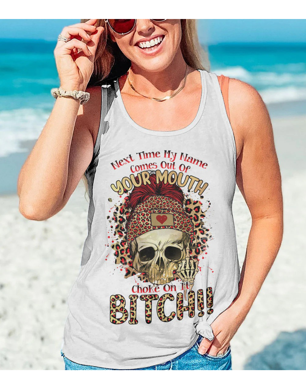 Next Time My Name Comes Out Of Your Mouth White Skull Tank Top