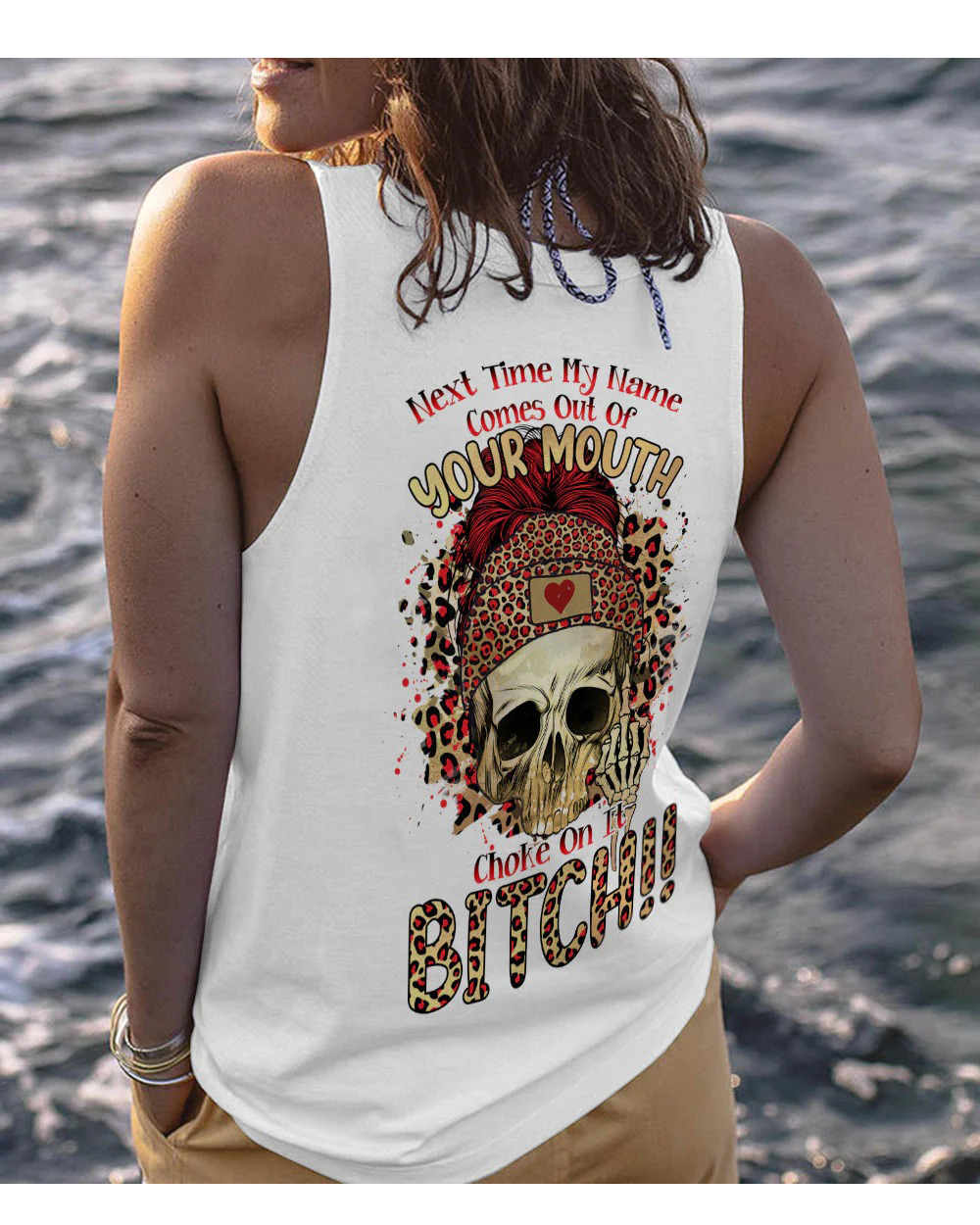 Next Time My Name Comes Out Of Your Mouth White Skull Tank Top