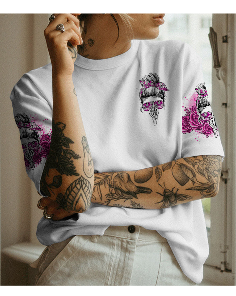 B_OLOGY Skull Flowers White T Shirt