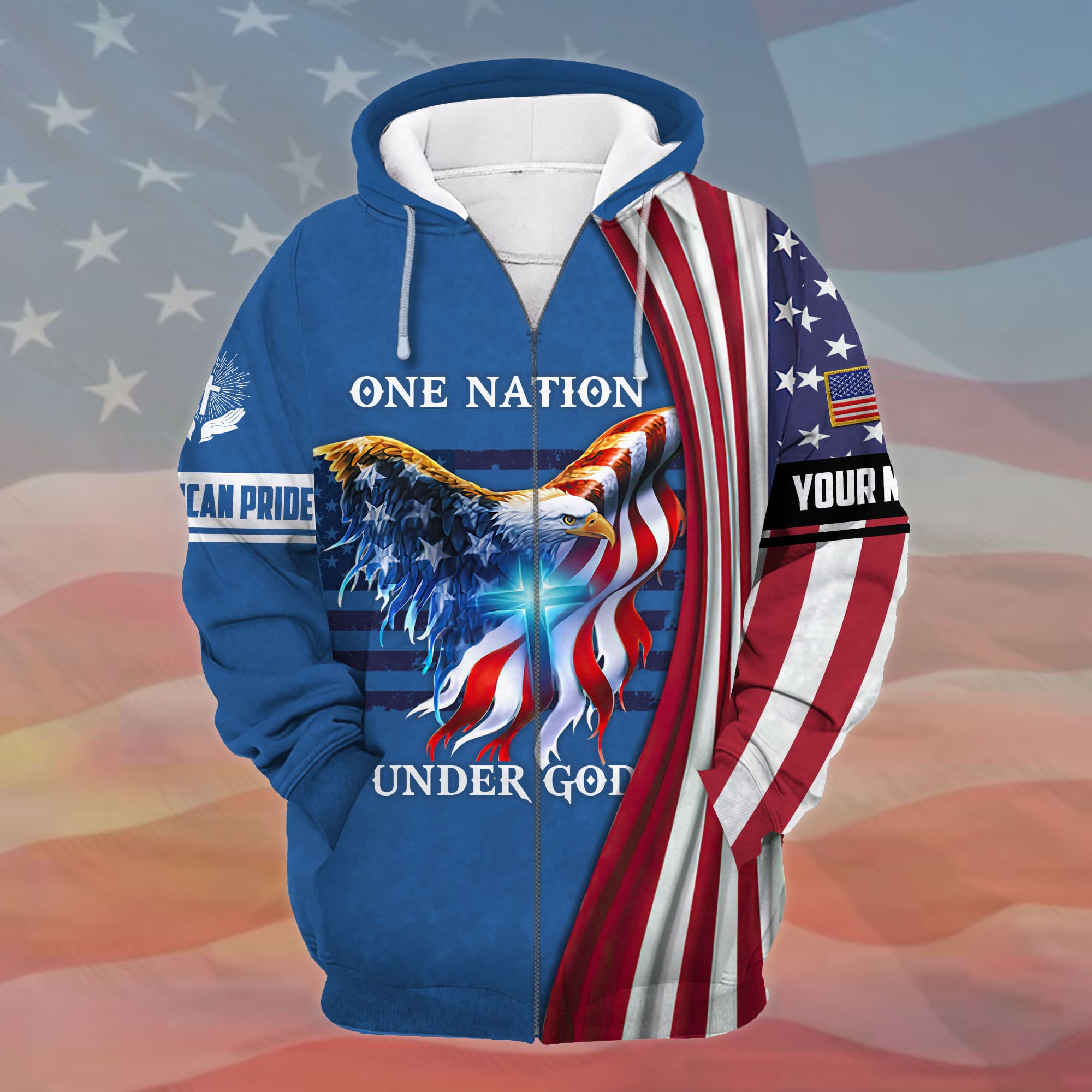 Premium One Nation Under God, 3D Eagle Patriotic Zip Hoodies Multicolor Personalized