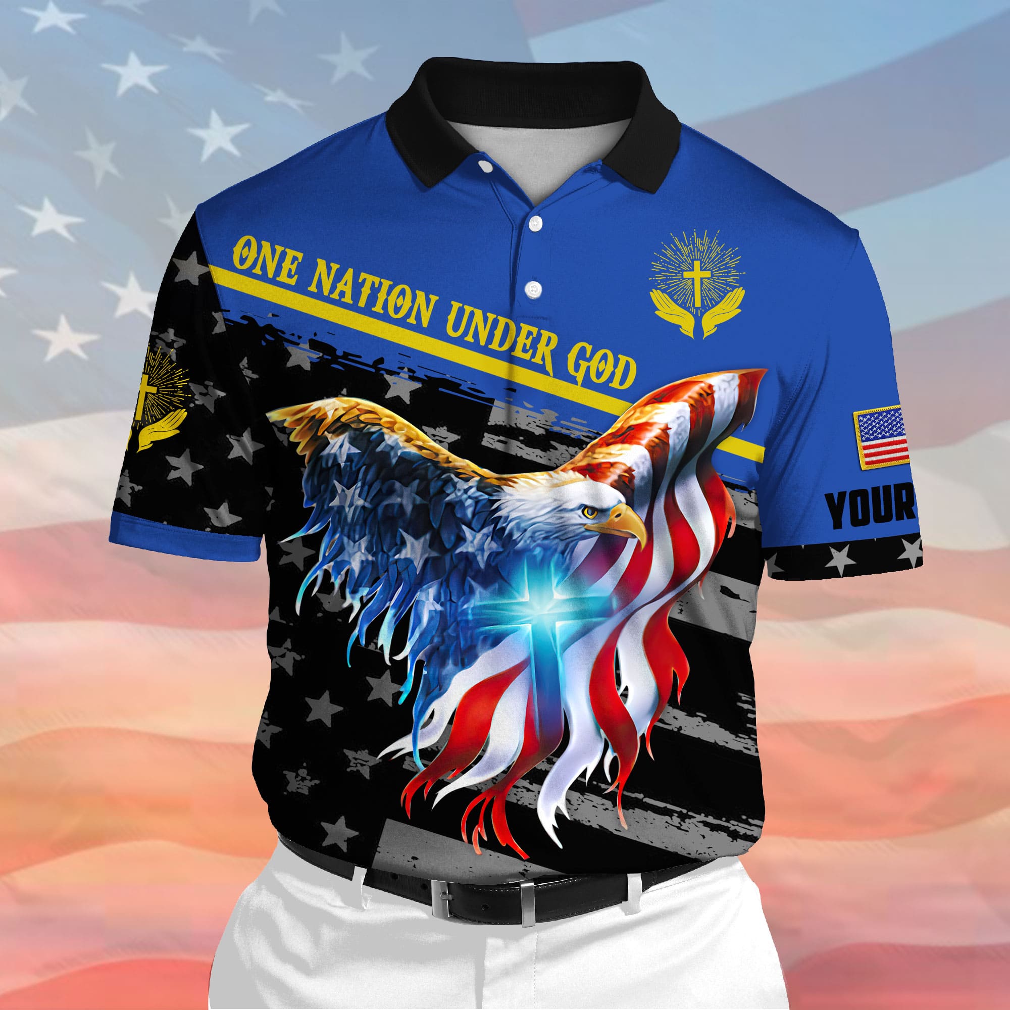 Premium One Nation Under God, Eagle Patriotic 3D Polo Multicolor Personalized