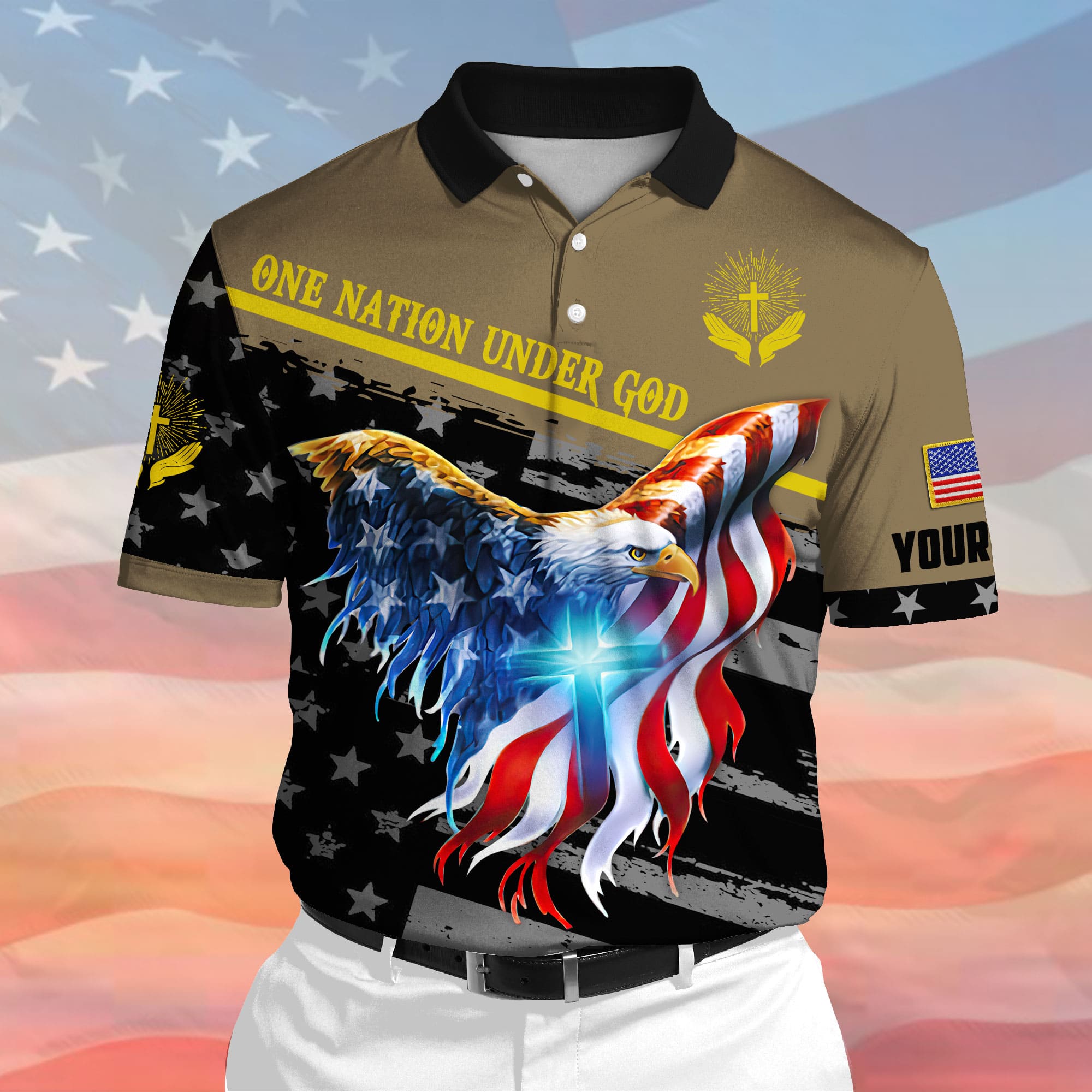 Premium One Nation Under God, Eagle Patriotic 3D Polo Multicolor Personalized