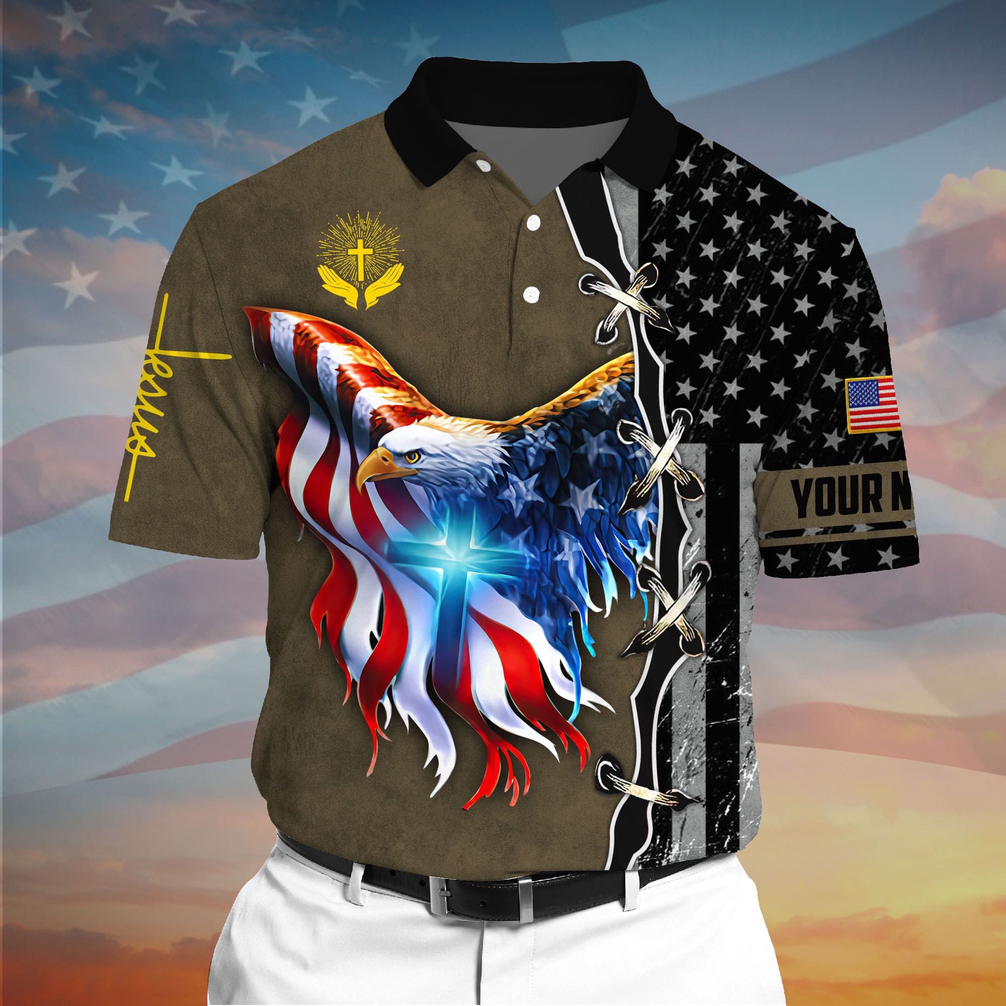 Premium American Eagle Patriotic 3D Polo AOP Multicolor Personalized