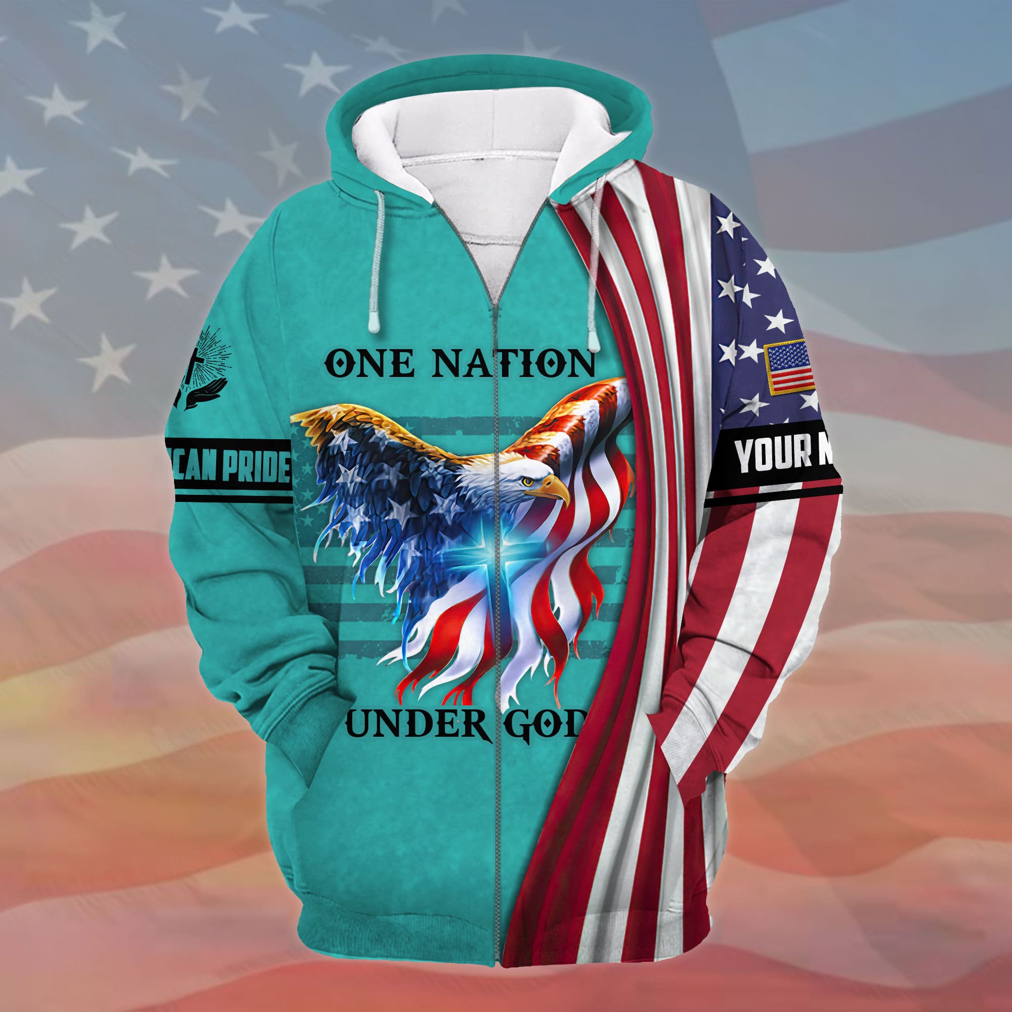 Premium One Nation Under God, 3D Eagle Patriotic Zip Hoodies Multicolor Personalized