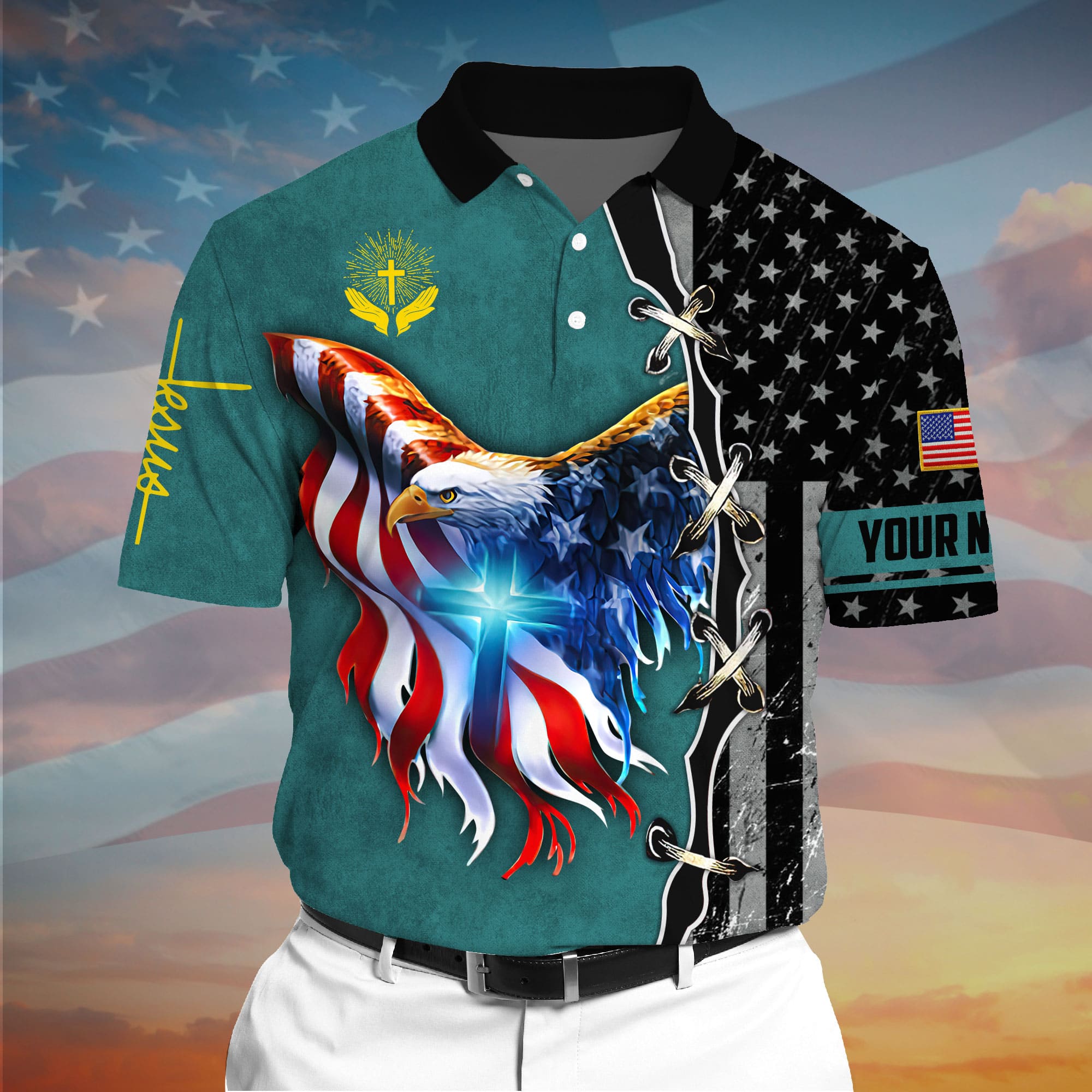 Premium American Eagle Patriotic 3D Polo AOP Multicolor Personalized