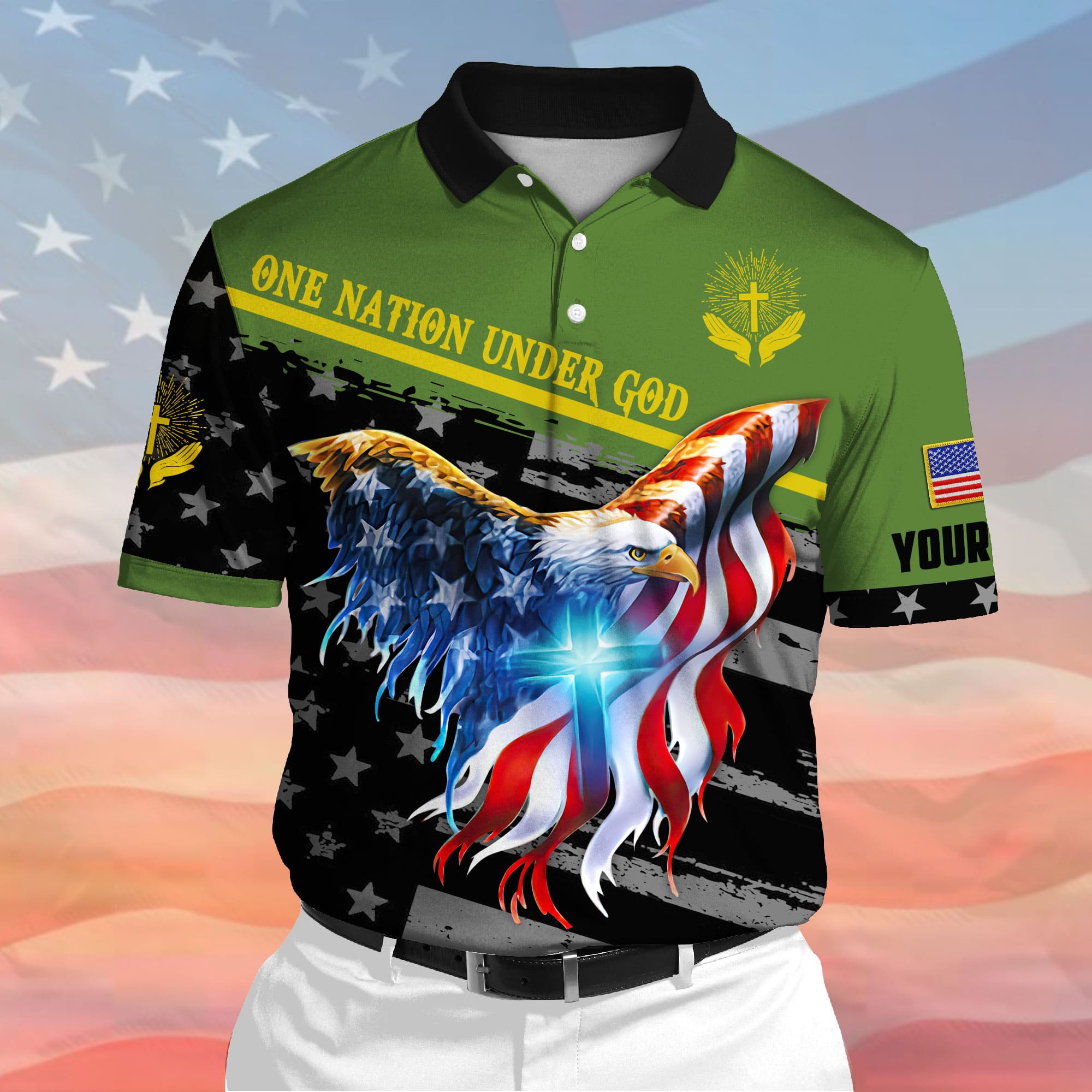 Premium One Nation Under God, Eagle Patriotic 3D Polo Multicolor Personalized