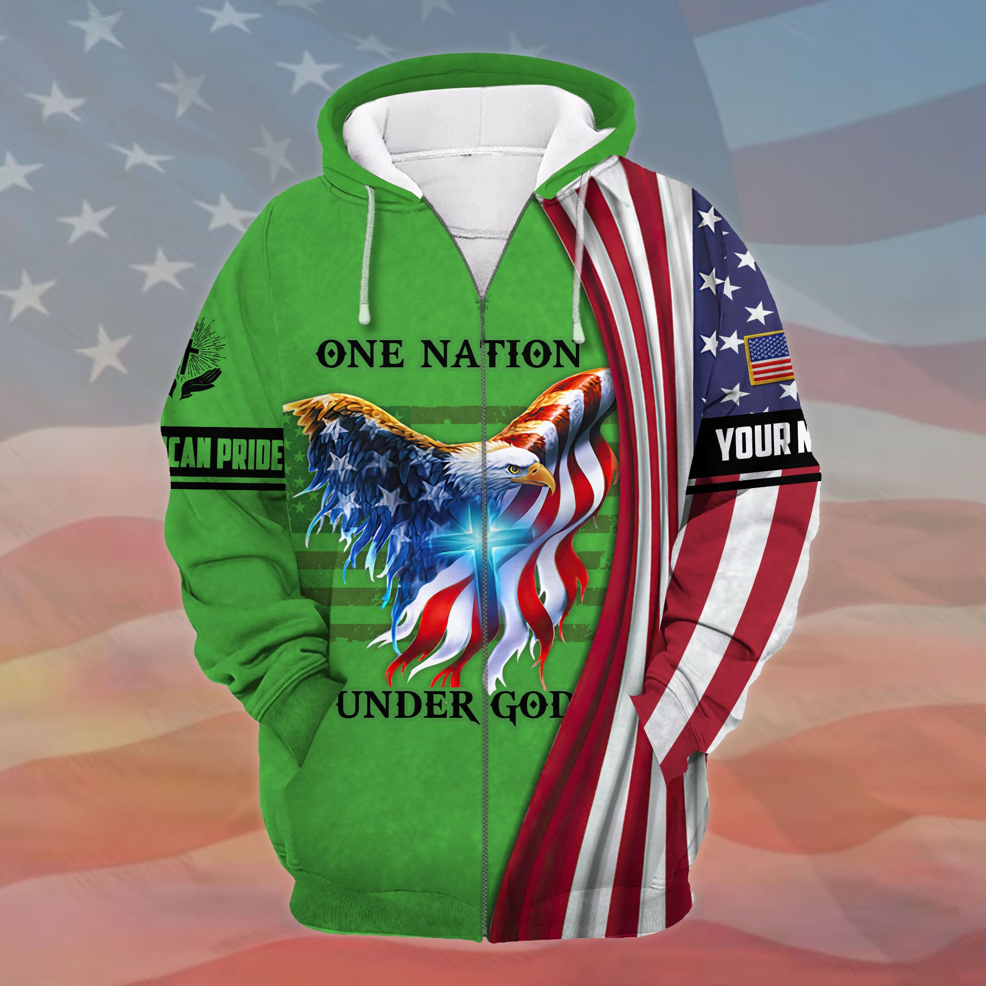 Premium One Nation Under God, 3D Eagle Patriotic Zip Hoodies Multicolor Personalized