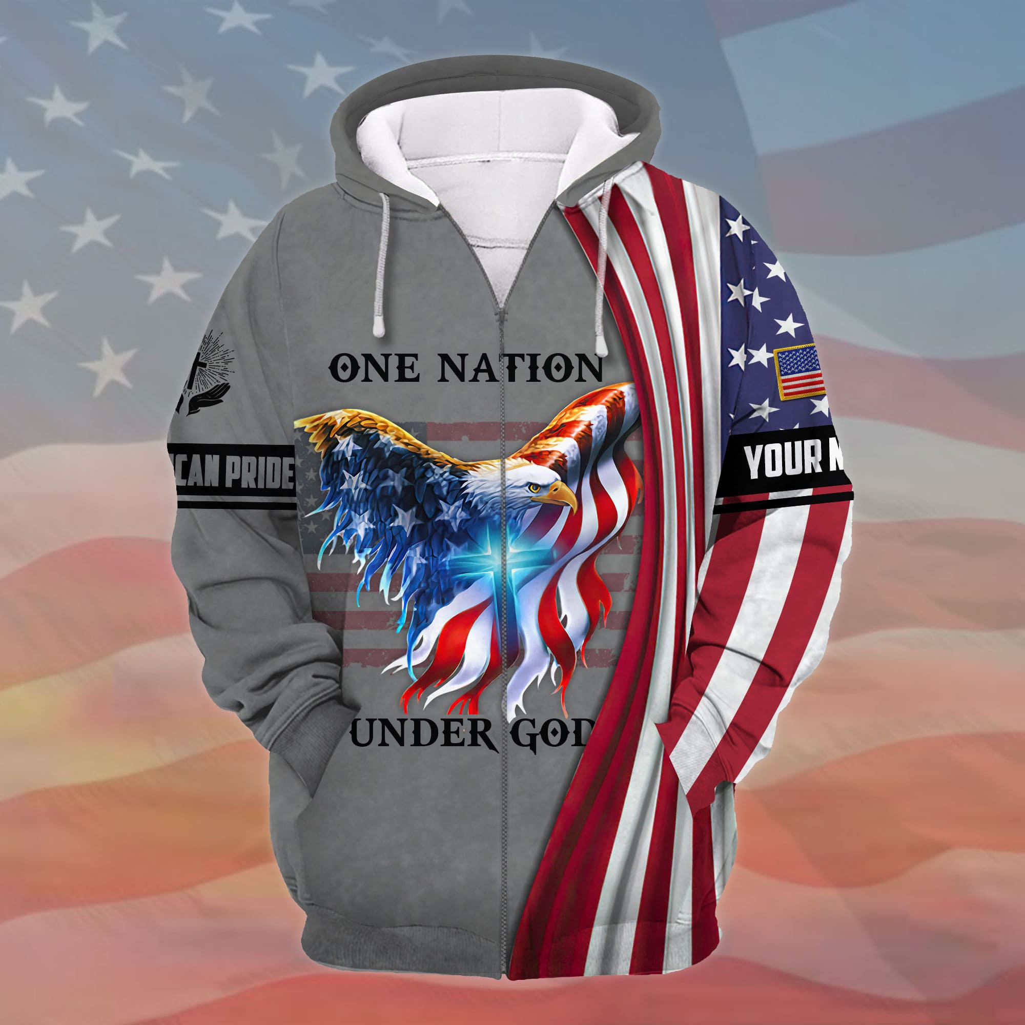 Premium One Nation Under God, 3D Eagle Patriotic Zip Hoodies Multicolor Personalized