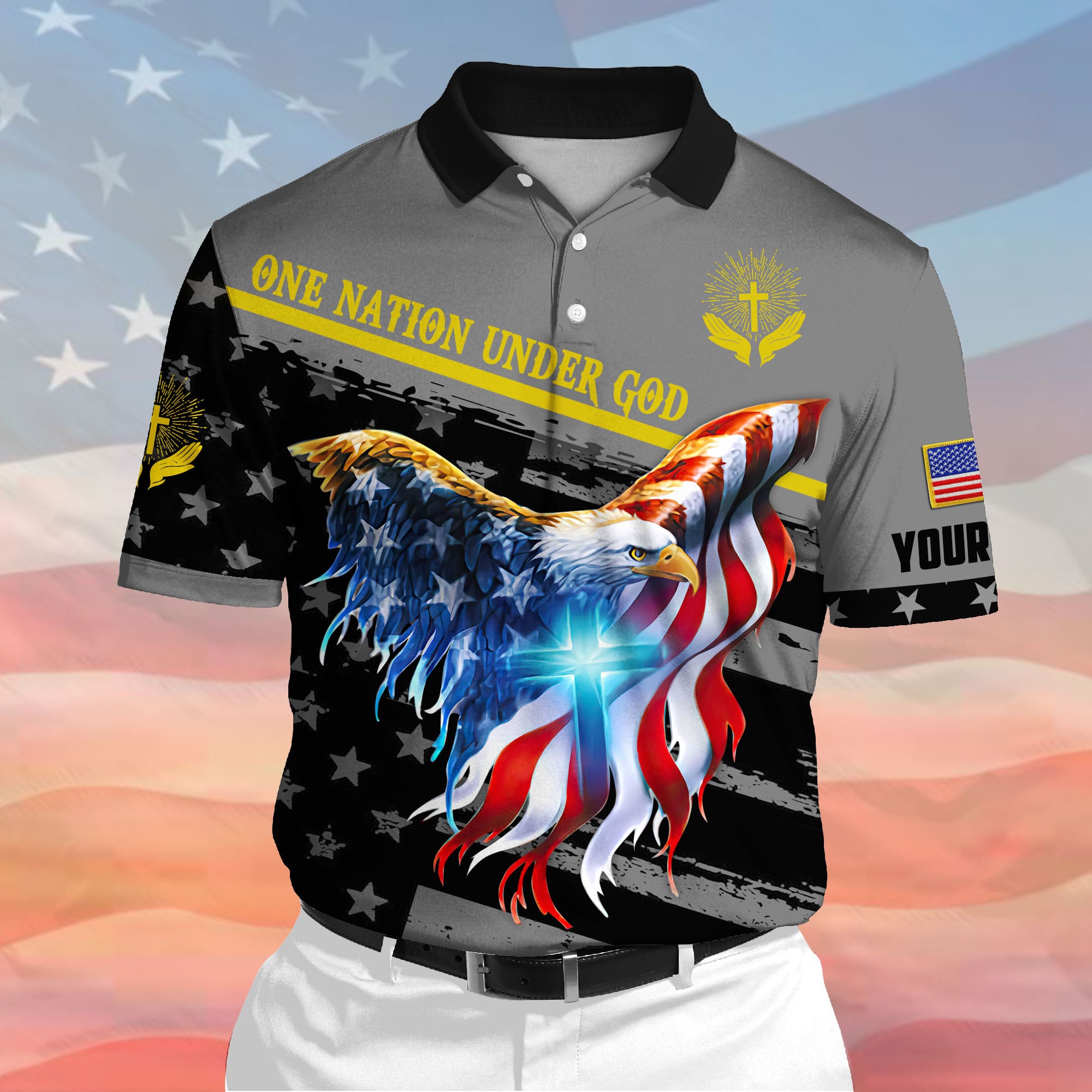 Premium One Nation Under God, Eagle Patriotic 3D Polo Multicolor Personalized