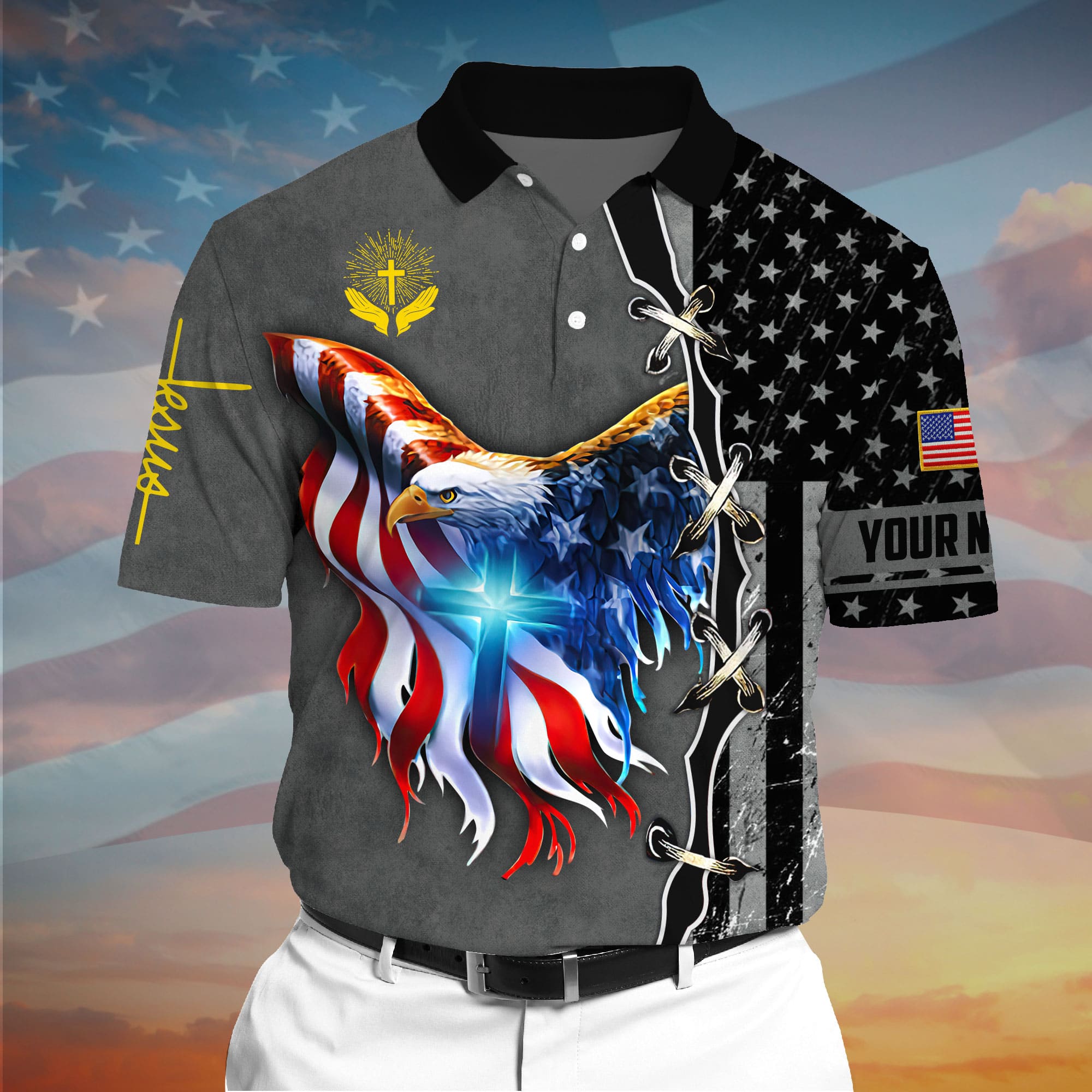 Premium American Eagle Patriotic 3D Polo AOP Multicolor Personalized