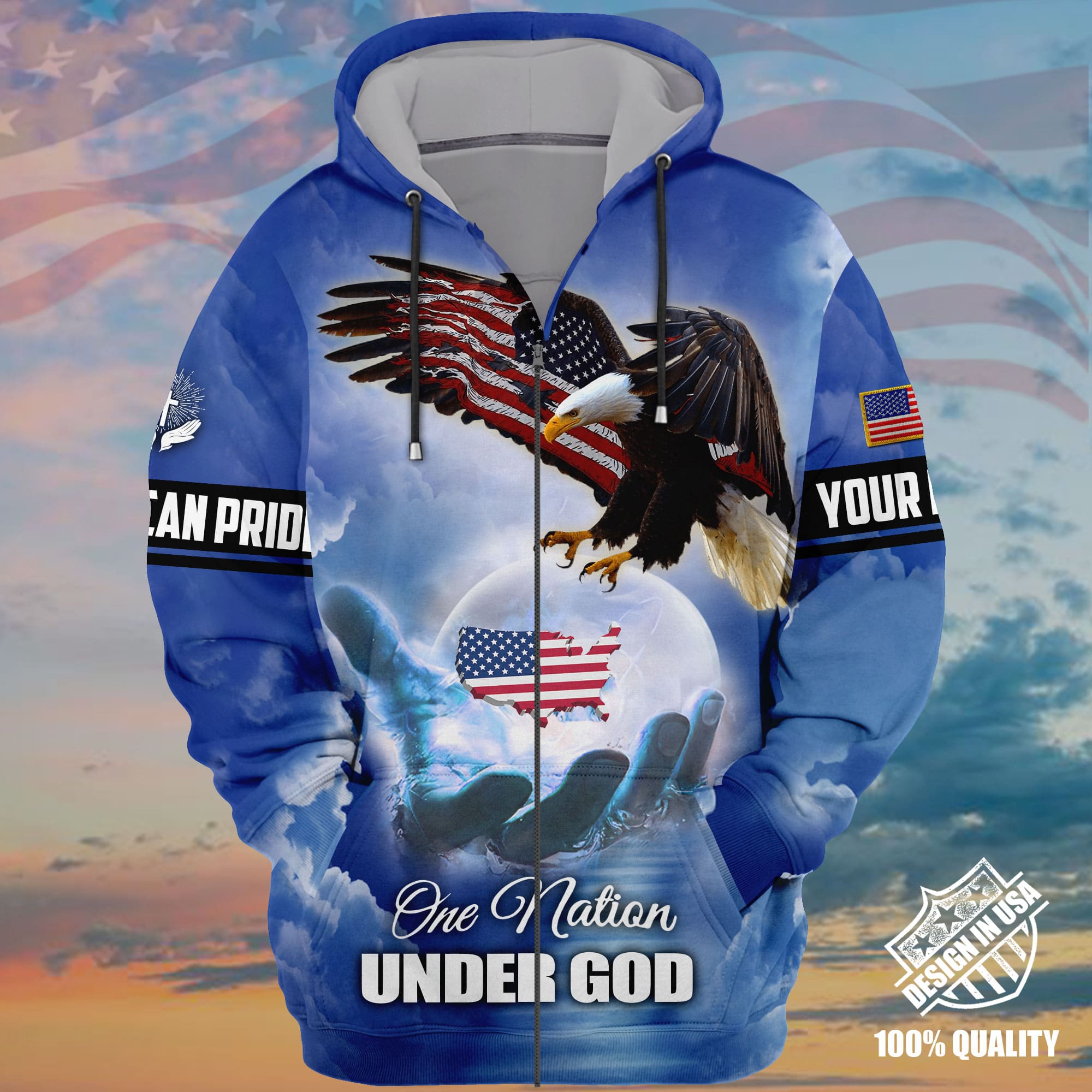 Premium America One Nation Under God, Eagle 3D Clothing Blue Personalized Combo Polo Shirt And Cap