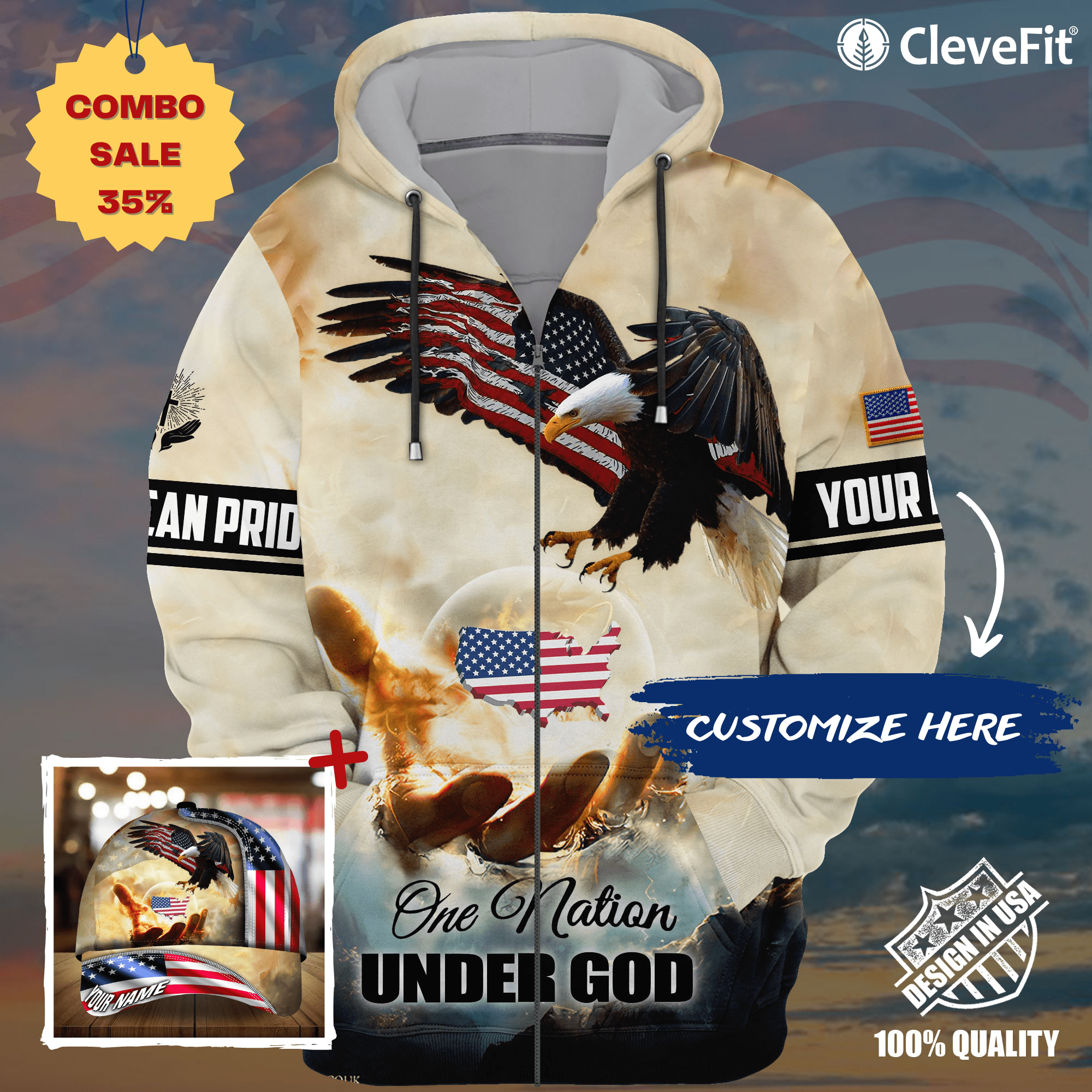 Premium America One Nation Under God, Eagle 3D Clothing Blue Personalized Combo Zip Hoodie And Cap