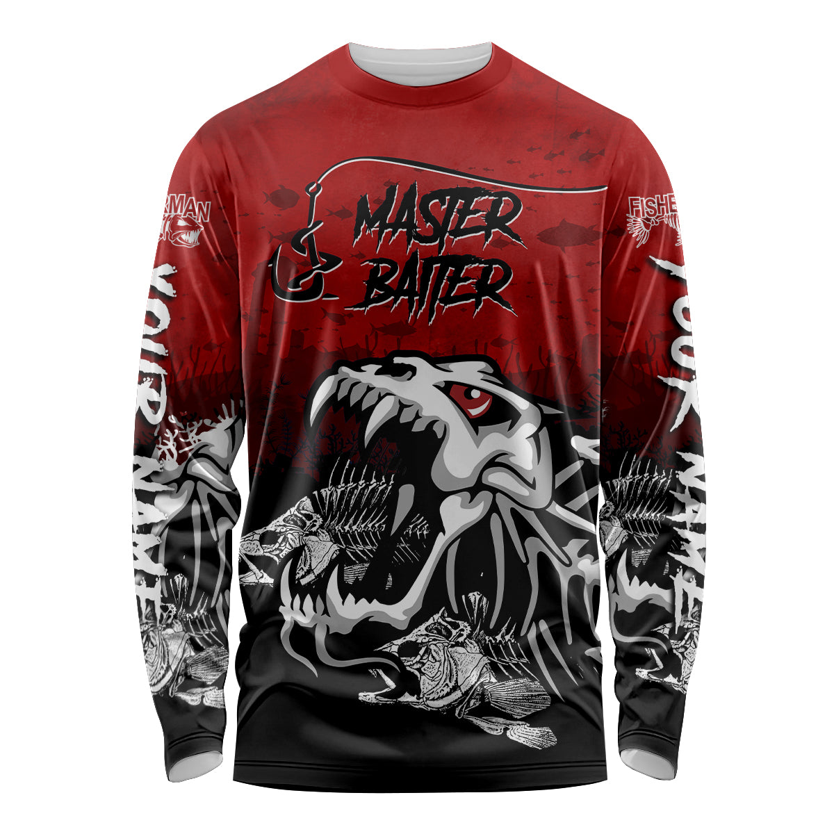 Fish Skeleton Master Baiter Red Custom UV Long Sleeve Fishing Shirts Performance Fishing Shirts, Fishing Long Sleeve Shirts