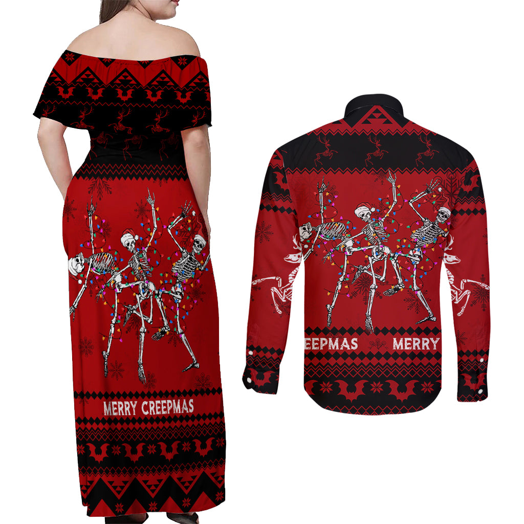 christmas-couples-matching-off-shoulder-maxi-dress-and-long-sleeve-button-shirt-jolly-skull-merry-creepmas