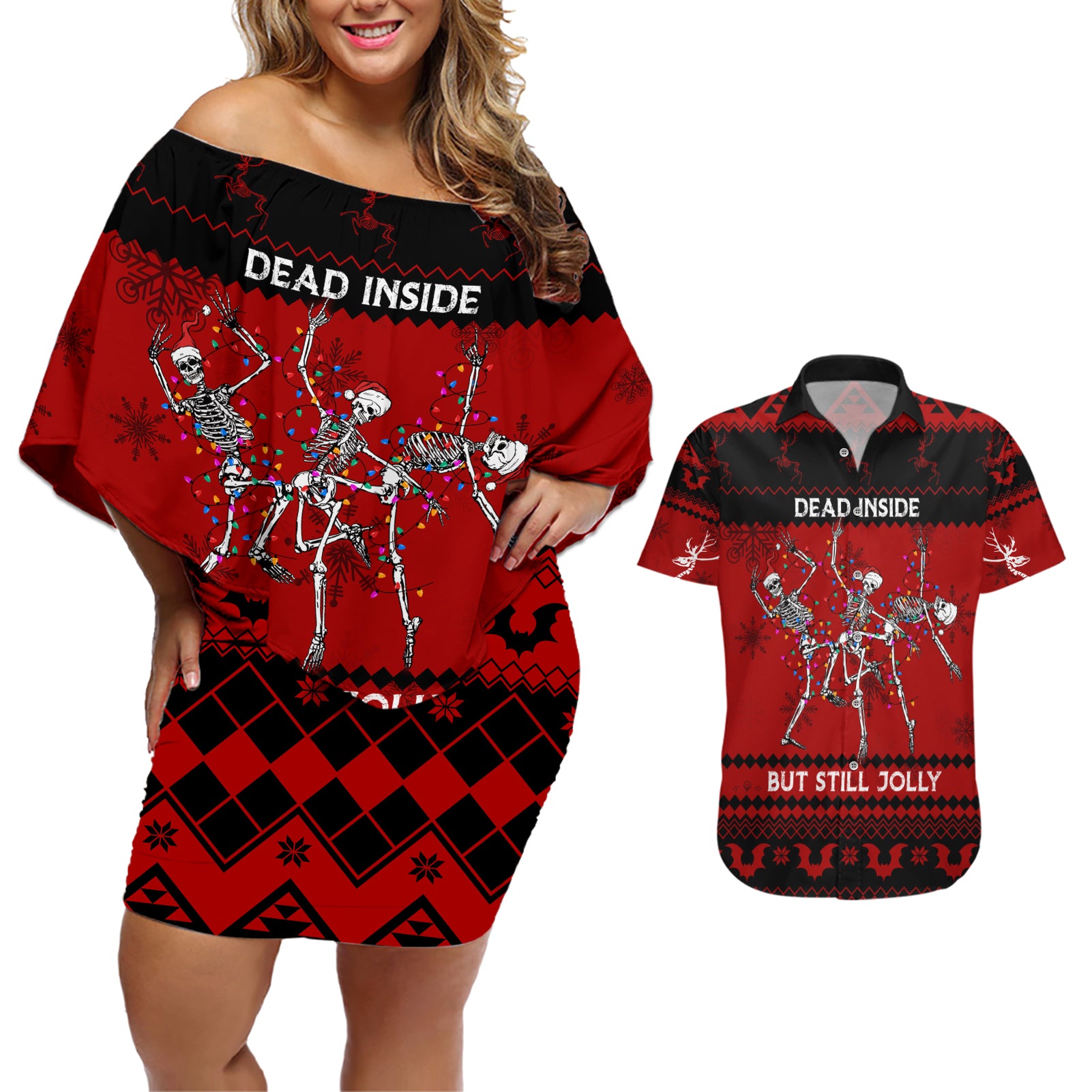 christmas-couples-matching-off-shoulder-short-dress-and-hawaiian-shirt-jolly-skull-merry-creepmas