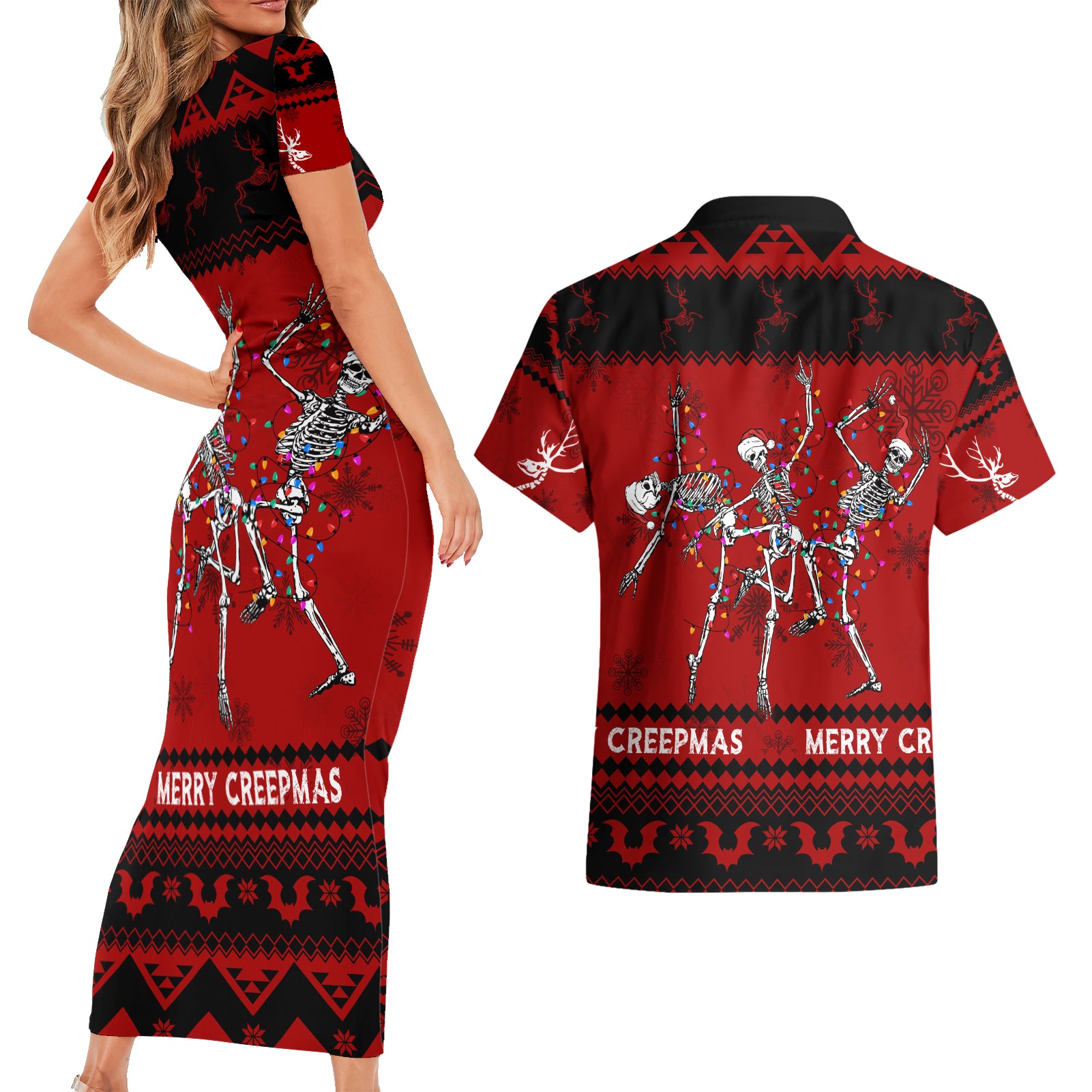 christmas-couples-matching-short-sleeve-bodycon-dress-and-hawaiian-shirt-jolly-skull-merry-creepmas