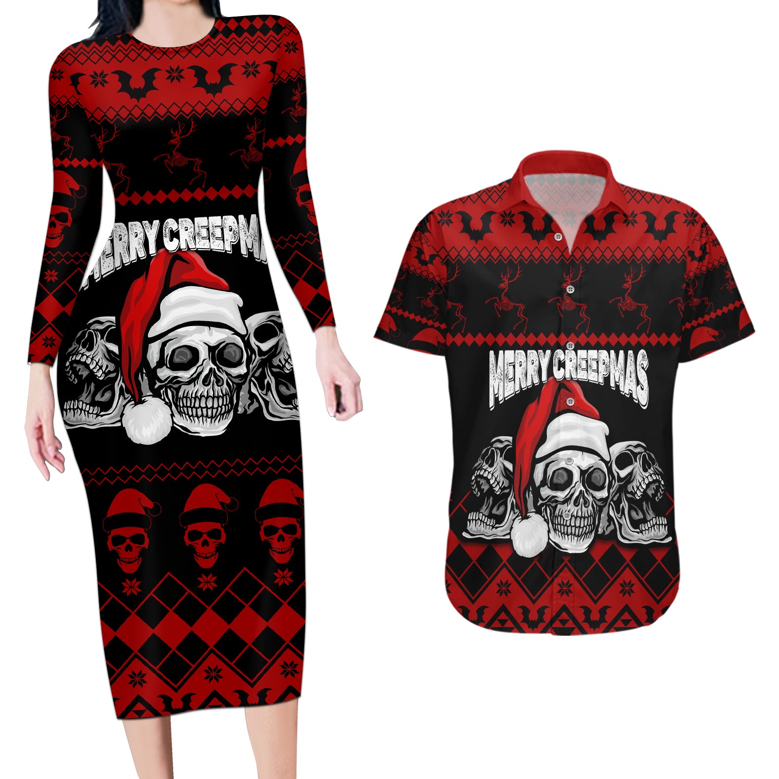 custom-christmas-couples-matching-long-sleeve-bodycon-dress-and-hawaiian-shirt-gothic-skull-creepmas