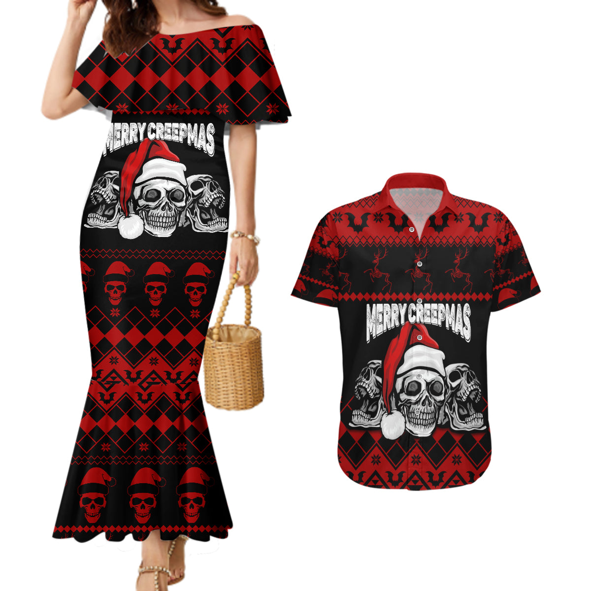 custom-christmas-couples-matching-mermaid-dress-and-hawaiian-shirt-gothic-skull-creepmas