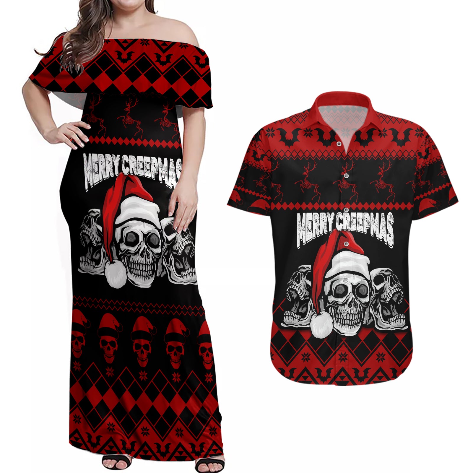 custom-christmas-couples-matching-off-shoulder-maxi-dress-and-hawaiian-shirt-gothic-skull-creepmas