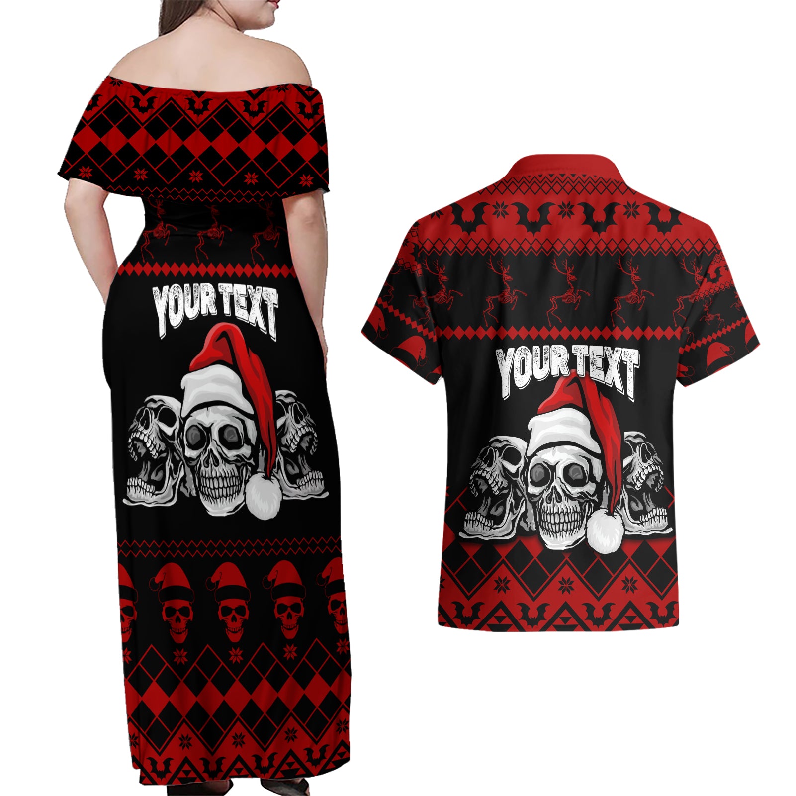custom-christmas-couples-matching-off-shoulder-maxi-dress-and-hawaiian-shirt-gothic-skull-creepmas