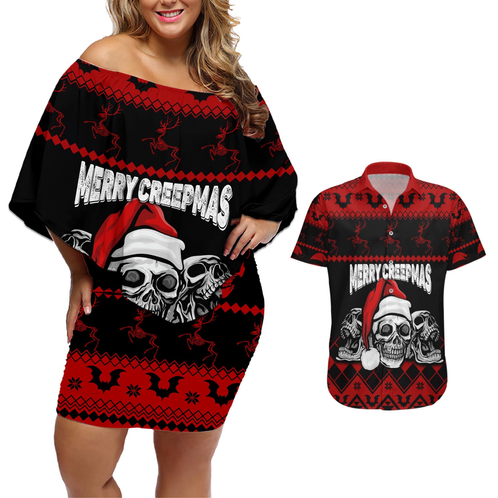 custom-christmas-couples-matching-off-shoulder-short-dress-and-hawaiian-shirt-gothic-skull-creepmas