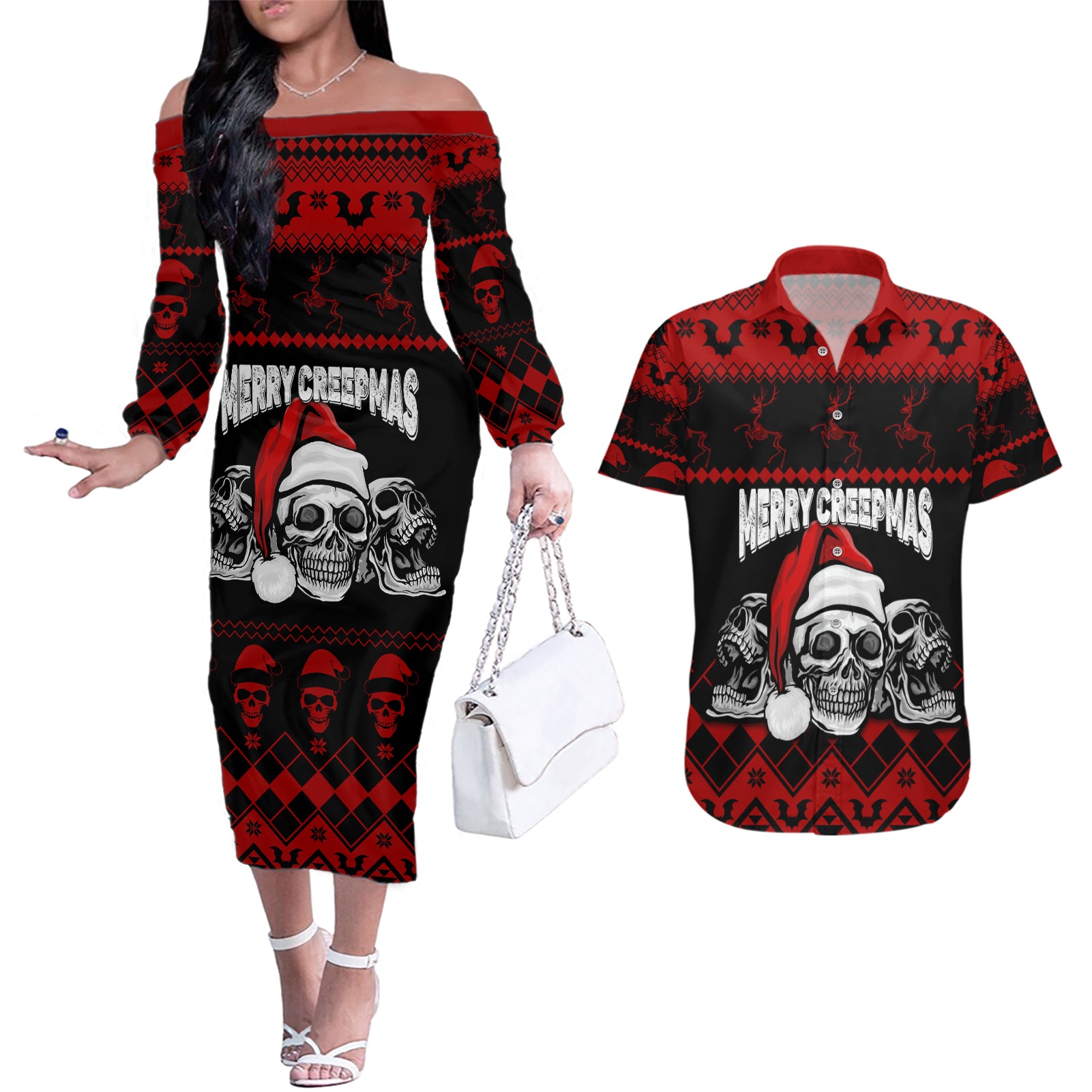 custom-christmas-couples-matching-off-the-shoulder-long-sleeve-dress-and-hawaiian-shirt-gothic-skull-creepmas