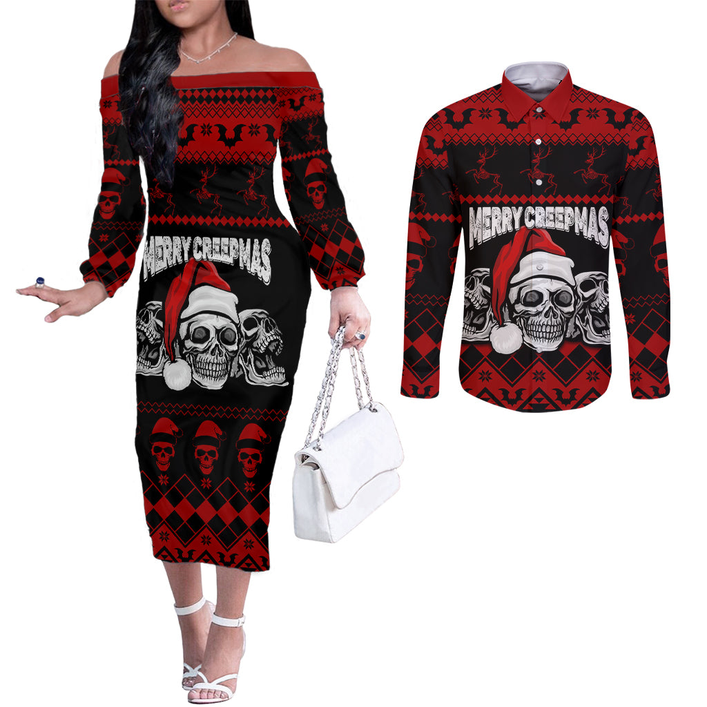 custom-christmas-couples-matching-off-the-shoulder-long-sleeve-dress-and-long-sleeve-button-shirt-gothic-skull-creepmas