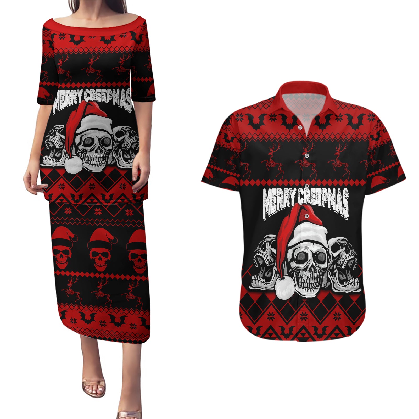 custom-christmas-couples-matching-puletasi-dress-and-hawaiian-shirt-gothic-skull-creepmas