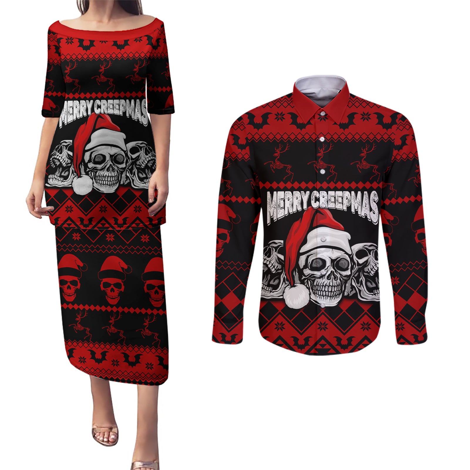 custom-christmas-couples-matching-puletasi-dress-and-long-sleeve-button-shirt-gothic-skull-creepmas