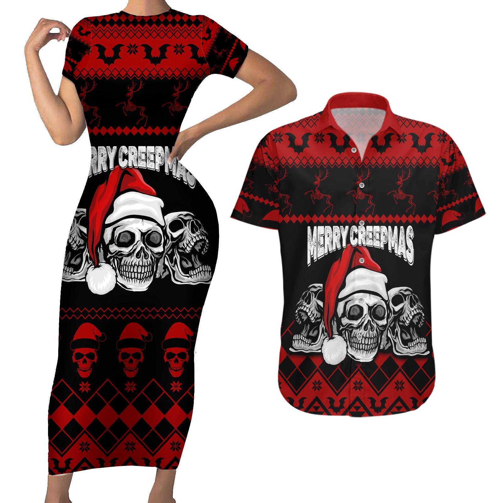 custom-christmas-couples-matching-short-sleeve-bodycon-dress-and-hawaiian-shirt-gothic-skull-creepmas