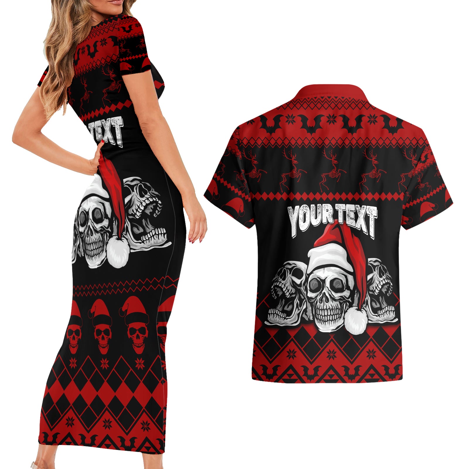 custom-christmas-couples-matching-short-sleeve-bodycon-dress-and-hawaiian-shirt-gothic-skull-creepmas