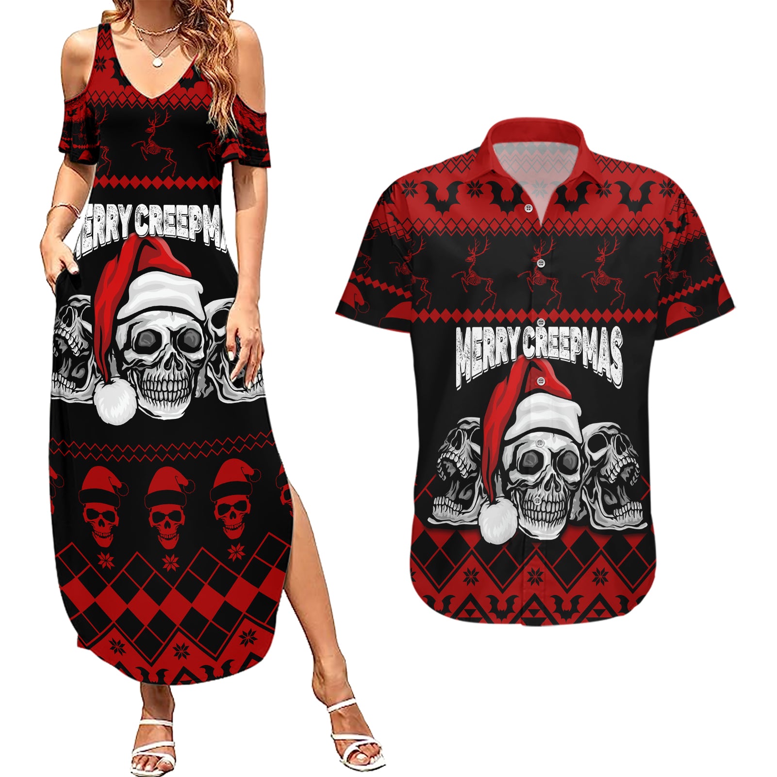 custom-christmas-couples-matching-summer-maxi-dress-and-hawaiian-shirt-gothic-skull-creepmas