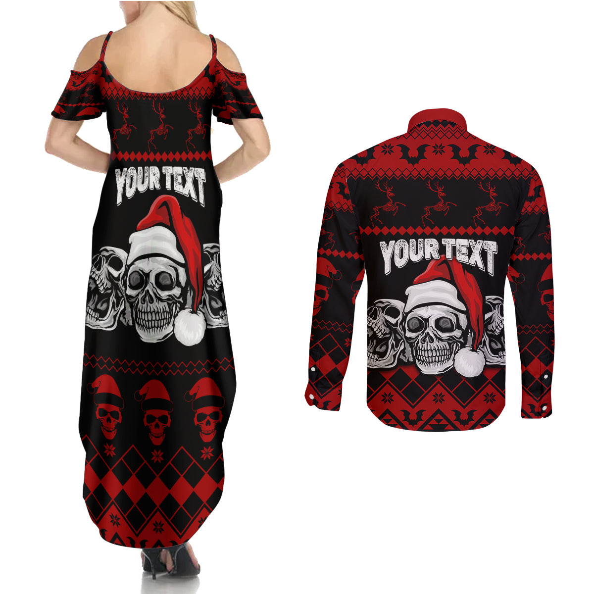 custom-christmas-couples-matching-summer-maxi-dress-and-long-sleeve-button-shirt-gothic-skull-creepmas