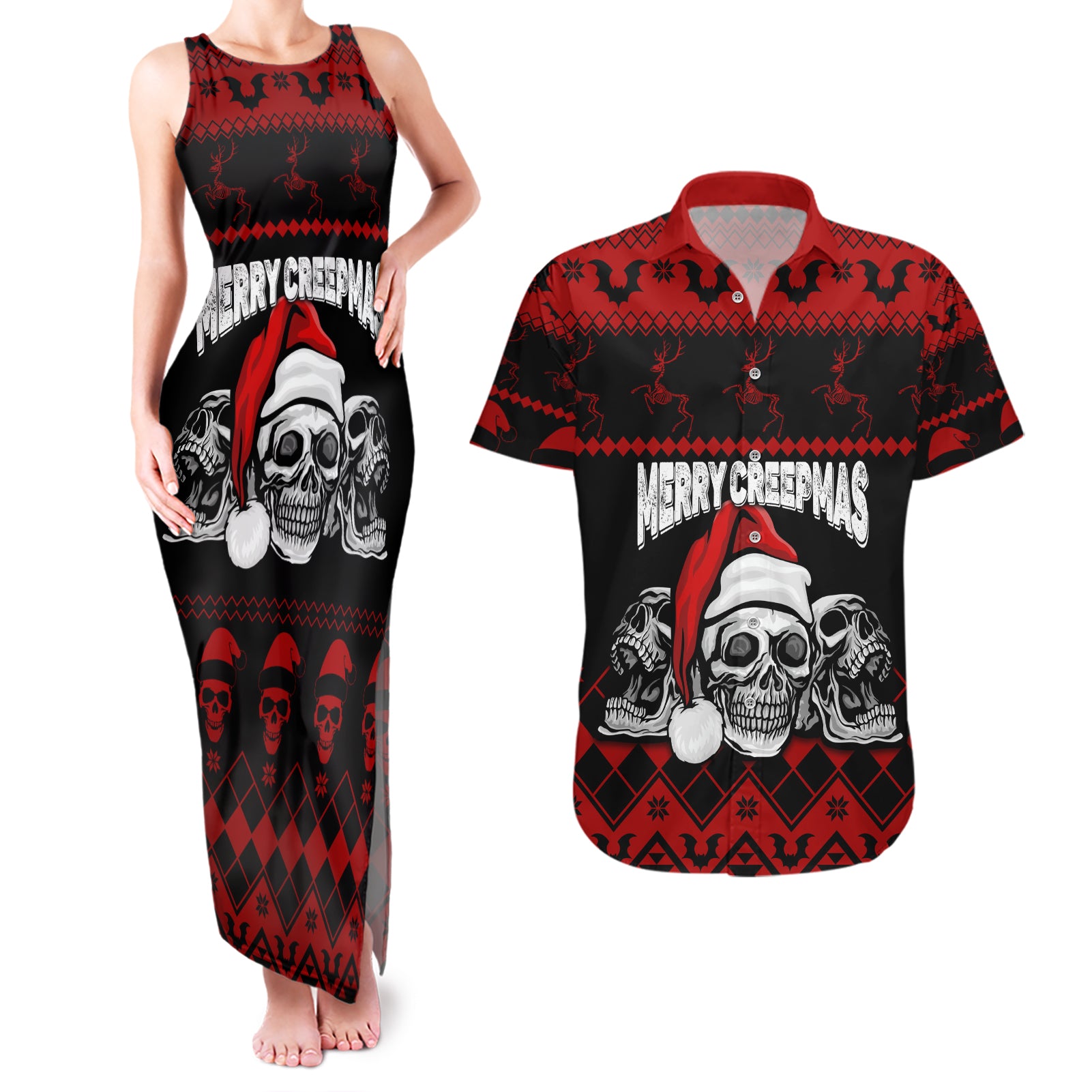 custom-christmas-couples-matching-tank-maxi-dress-and-hawaiian-shirt-gothic-skull-creepmas