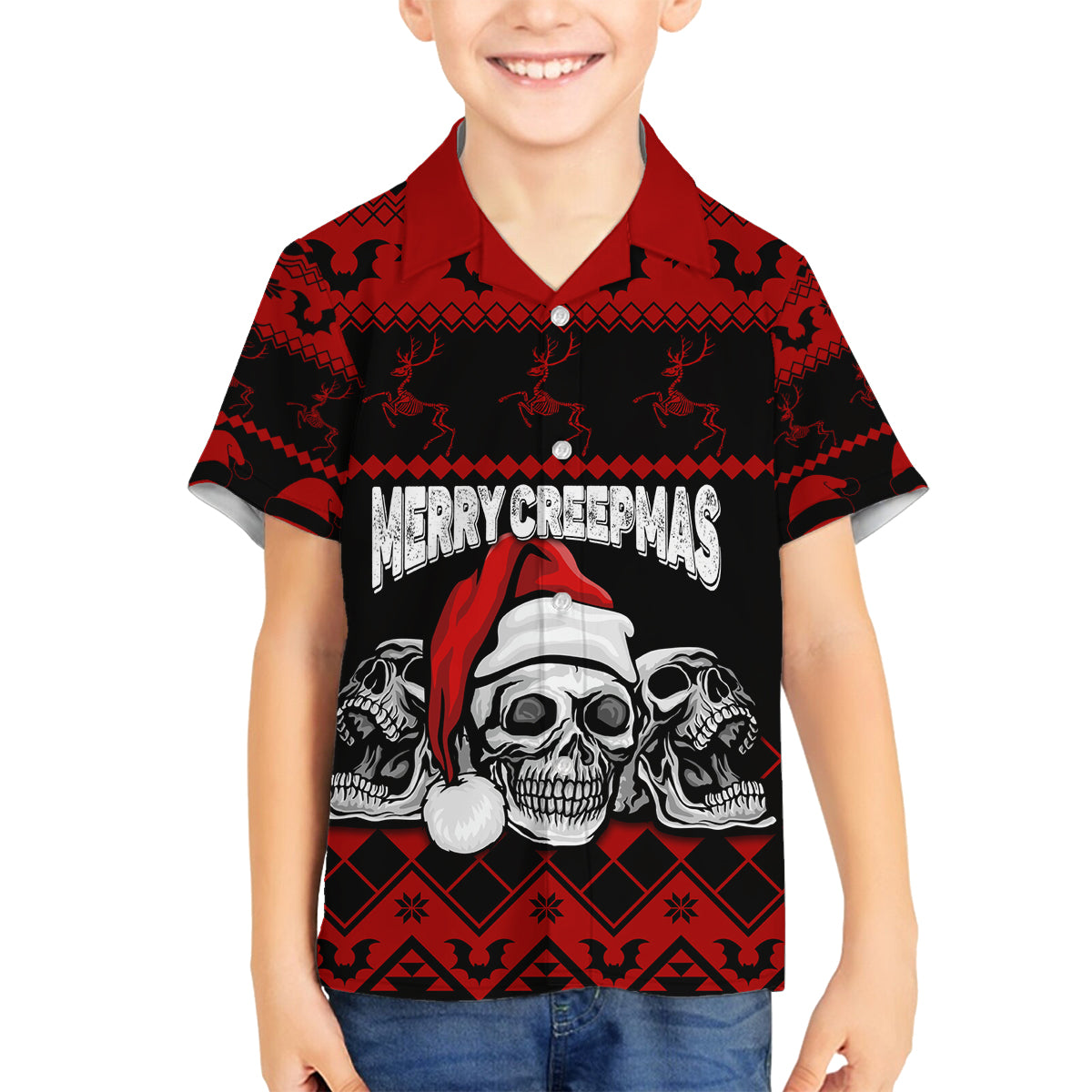 custom-christmas-family-matching-long-sleeve-bodycon-dress-and-hawaiian-shirt-gothic-skull-creepmas