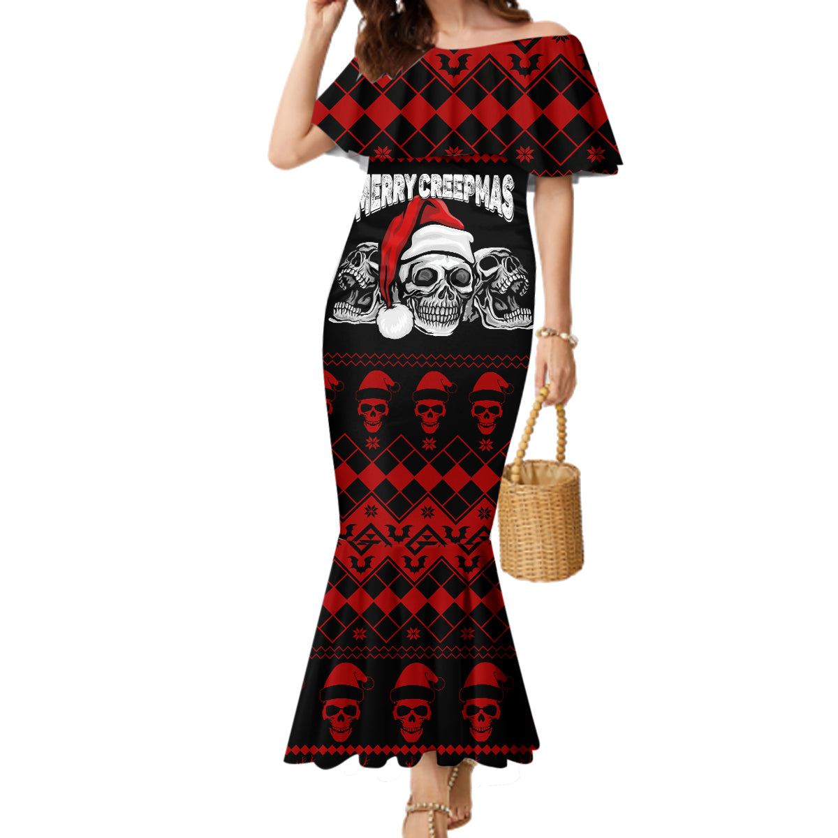 custom-christmas-family-matching-mermaid-dress-and-hawaiian-shirt-gothic-skull-creepmas