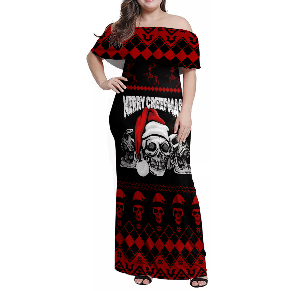 custom-christmas-family-matching-off-shoulder-maxi-dress-and-hawaiian-shirt-gothic-skull-creepmas