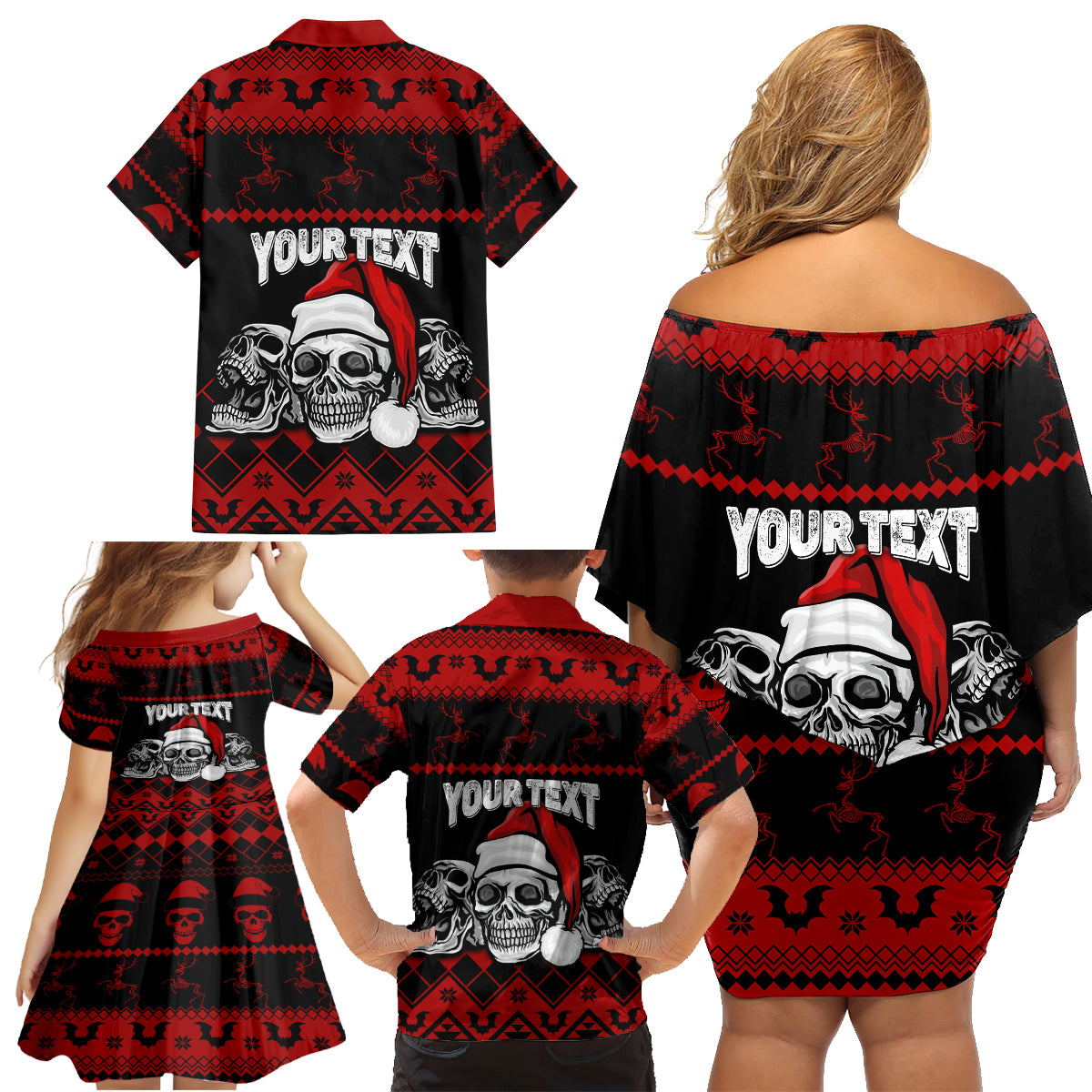 custom-christmas-family-matching-off-shoulder-short-dress-and-hawaiian-shirt-gothic-skull-creepmas