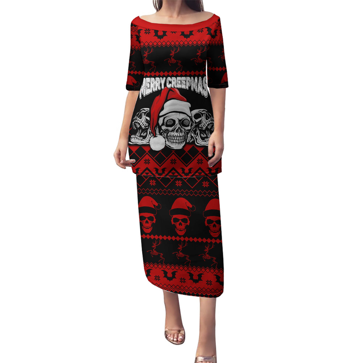 custom-christmas-family-matching-puletasi-dress-and-hawaiian-shirt-gothic-skull-creepmas