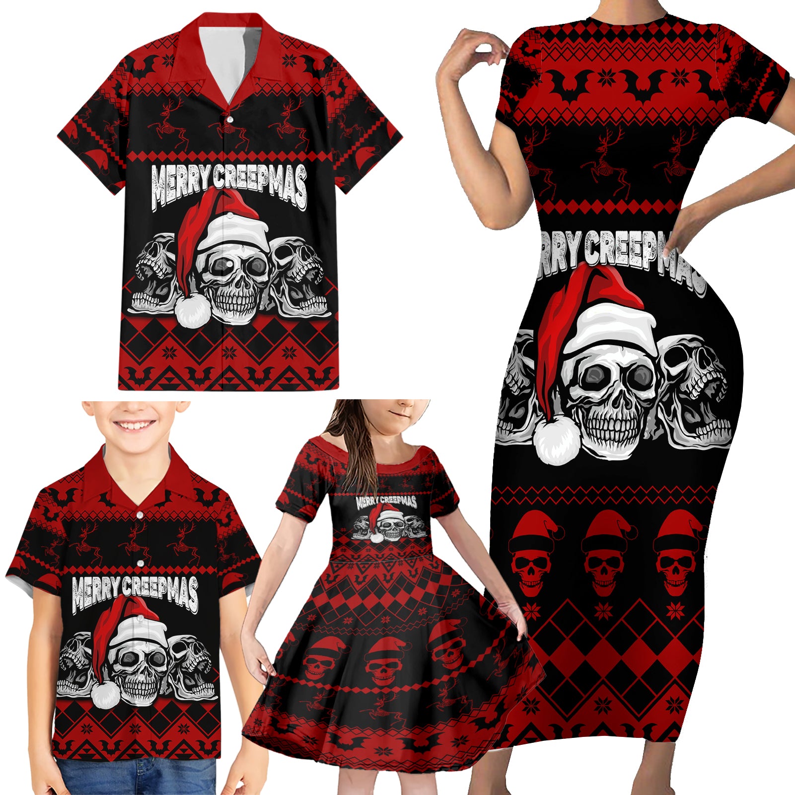 custom-christmas-family-matching-short-sleeve-bodycon-dress-and-hawaiian-shirt-gothic-skull-creepmas