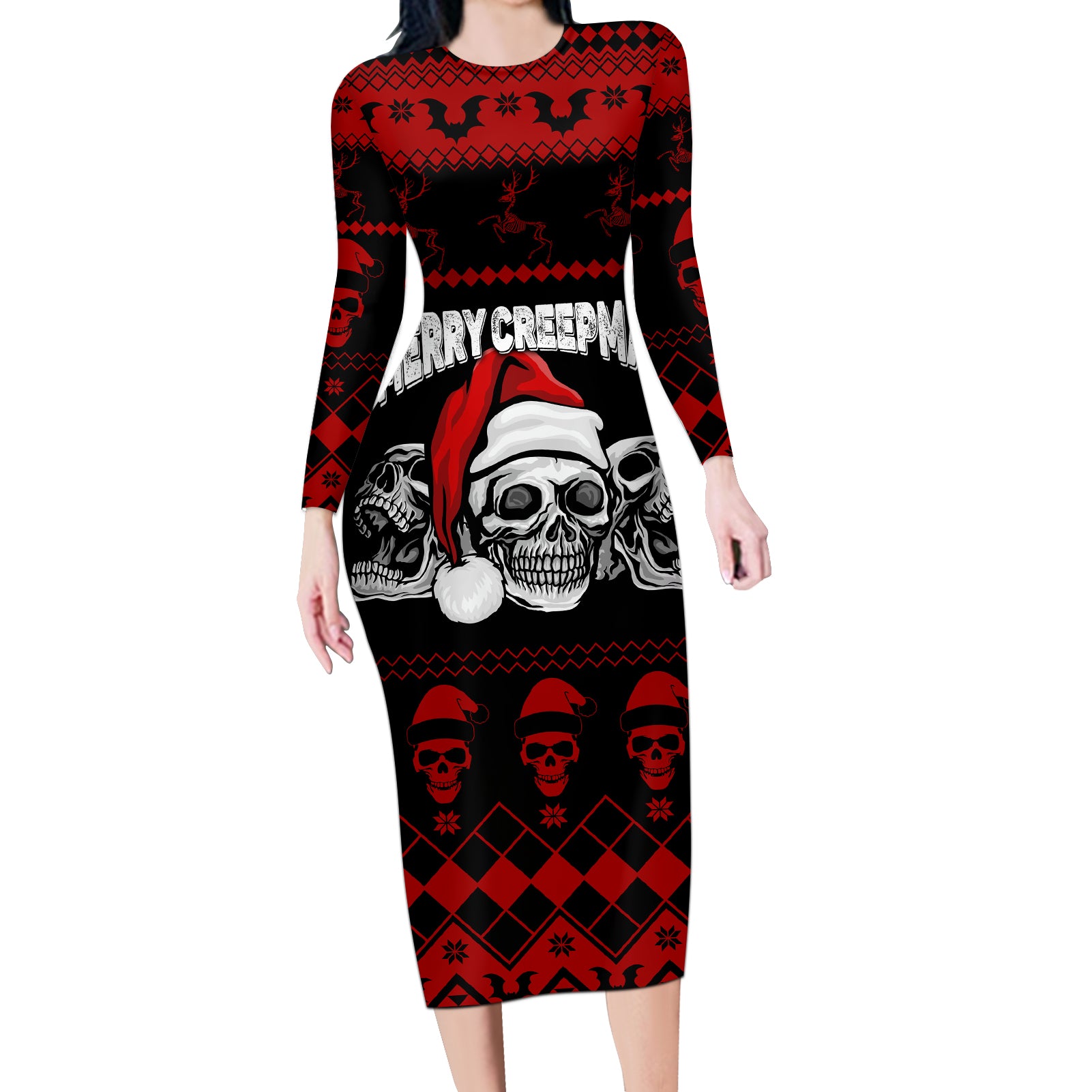 custom-christmas-long-sleeve-bodycon-dress-gothic-skull-creepmas