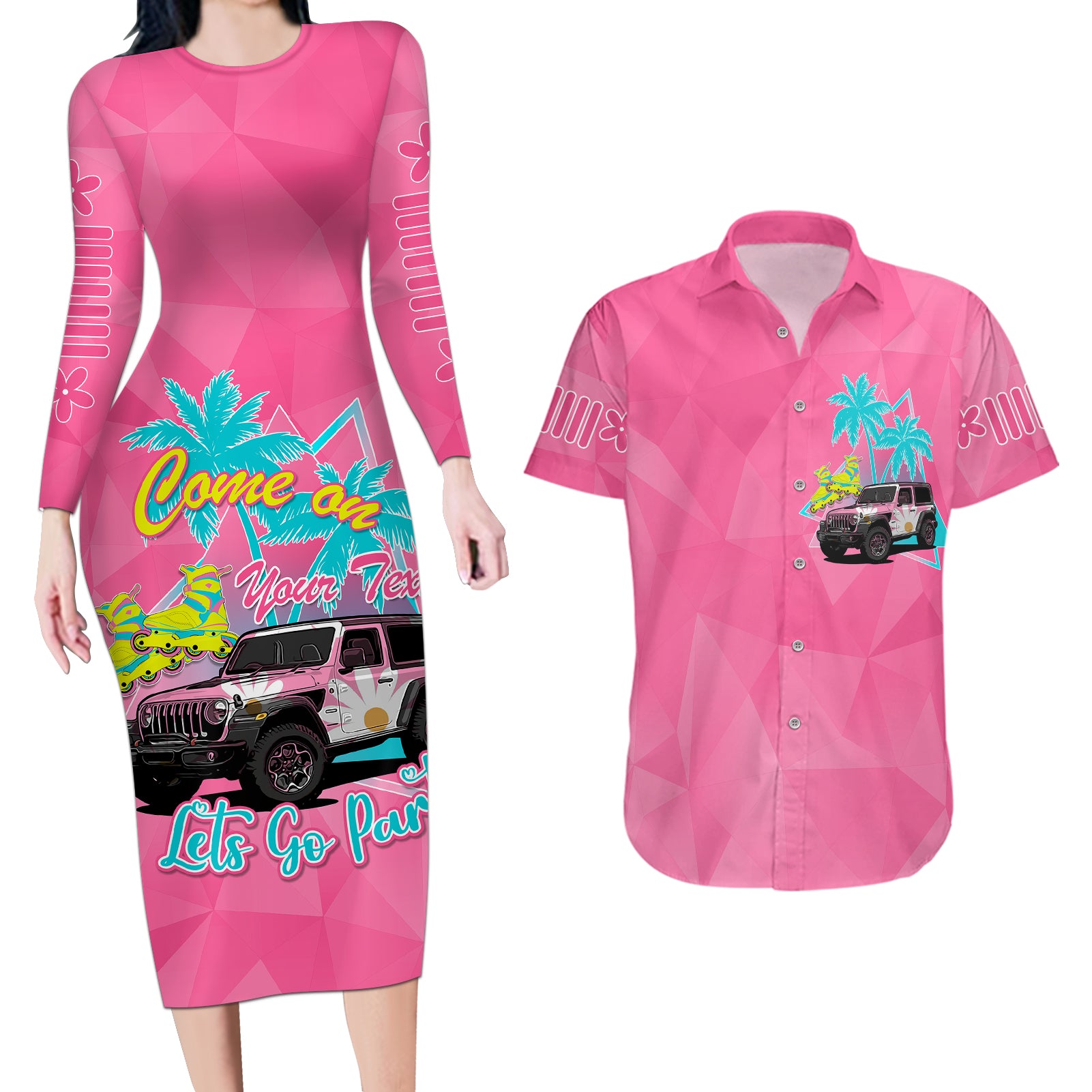 personalised-jeep-girl-couples-matching-long-sleeve-bodycon-dress-and-hawaiian-shirt-doll-pink-party