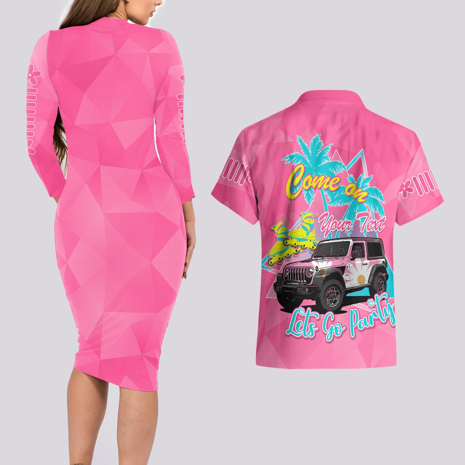 personalised-jeep-girl-couples-matching-long-sleeve-bodycon-dress-and-hawaiian-shirt-doll-pink-party