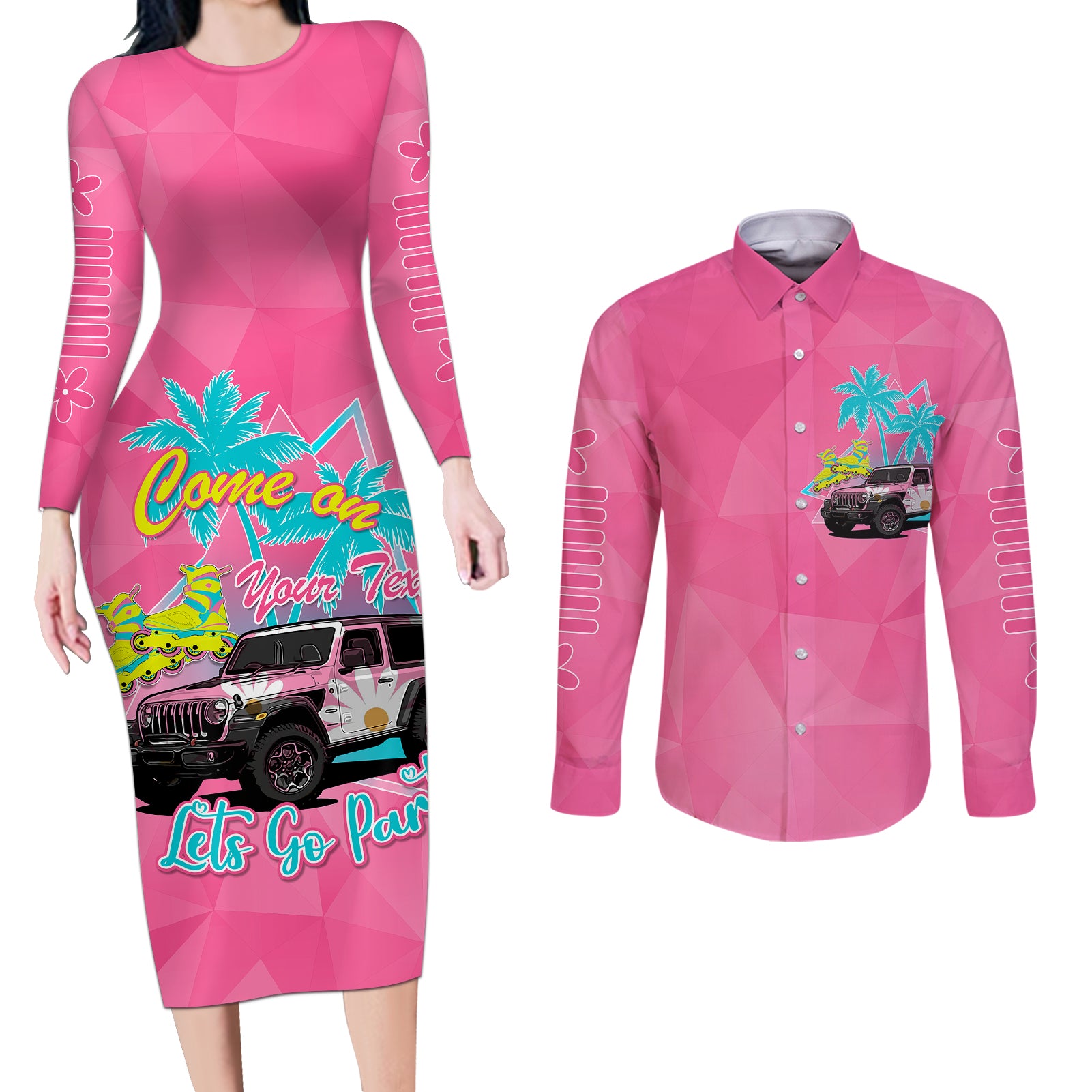 personalised-jeep-girl-couples-matching-long-sleeve-bodycon-dress-and-long-sleeve-button-shirts-doll-pink-party