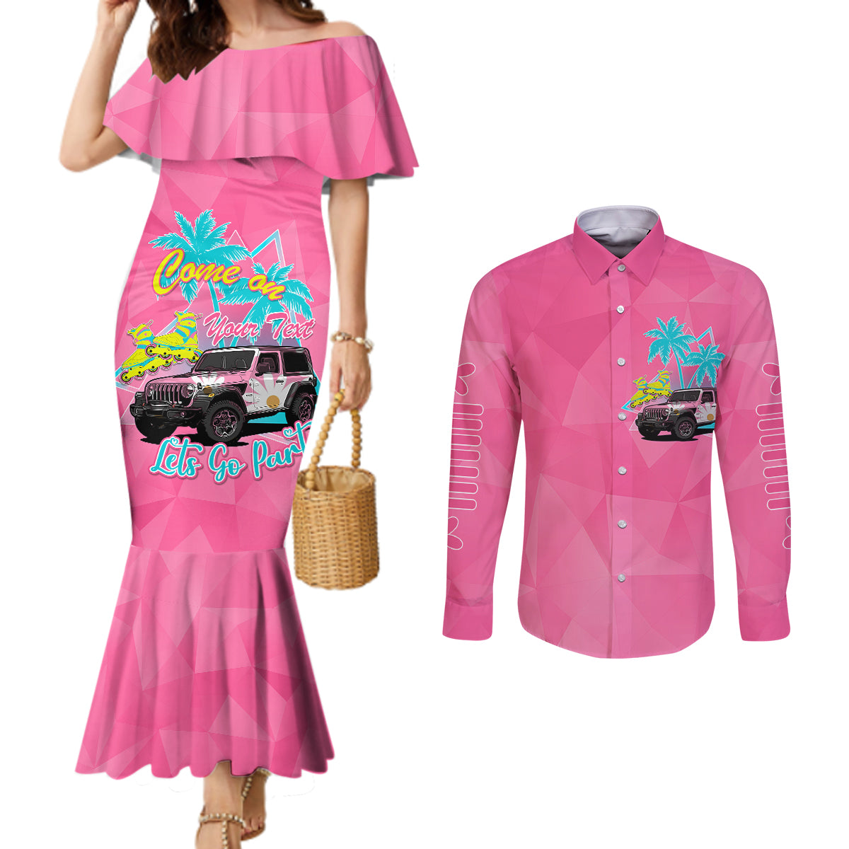 personalised-jeep-girl-couples-matching-mermaid-dress-and-long-sleeve-button-shirts-doll-pink-party