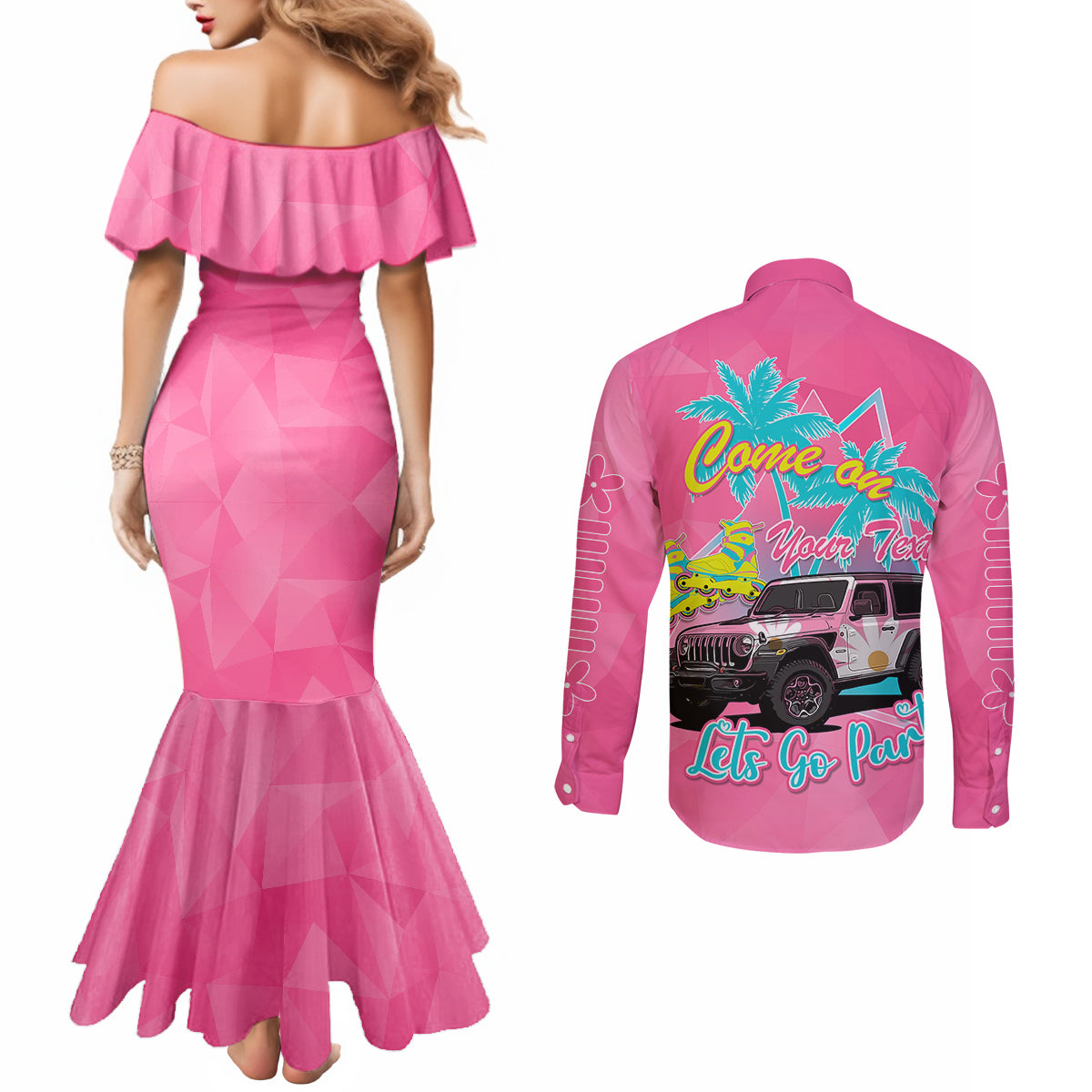 personalised-jeep-girl-couples-matching-mermaid-dress-and-long-sleeve-button-shirts-doll-pink-party