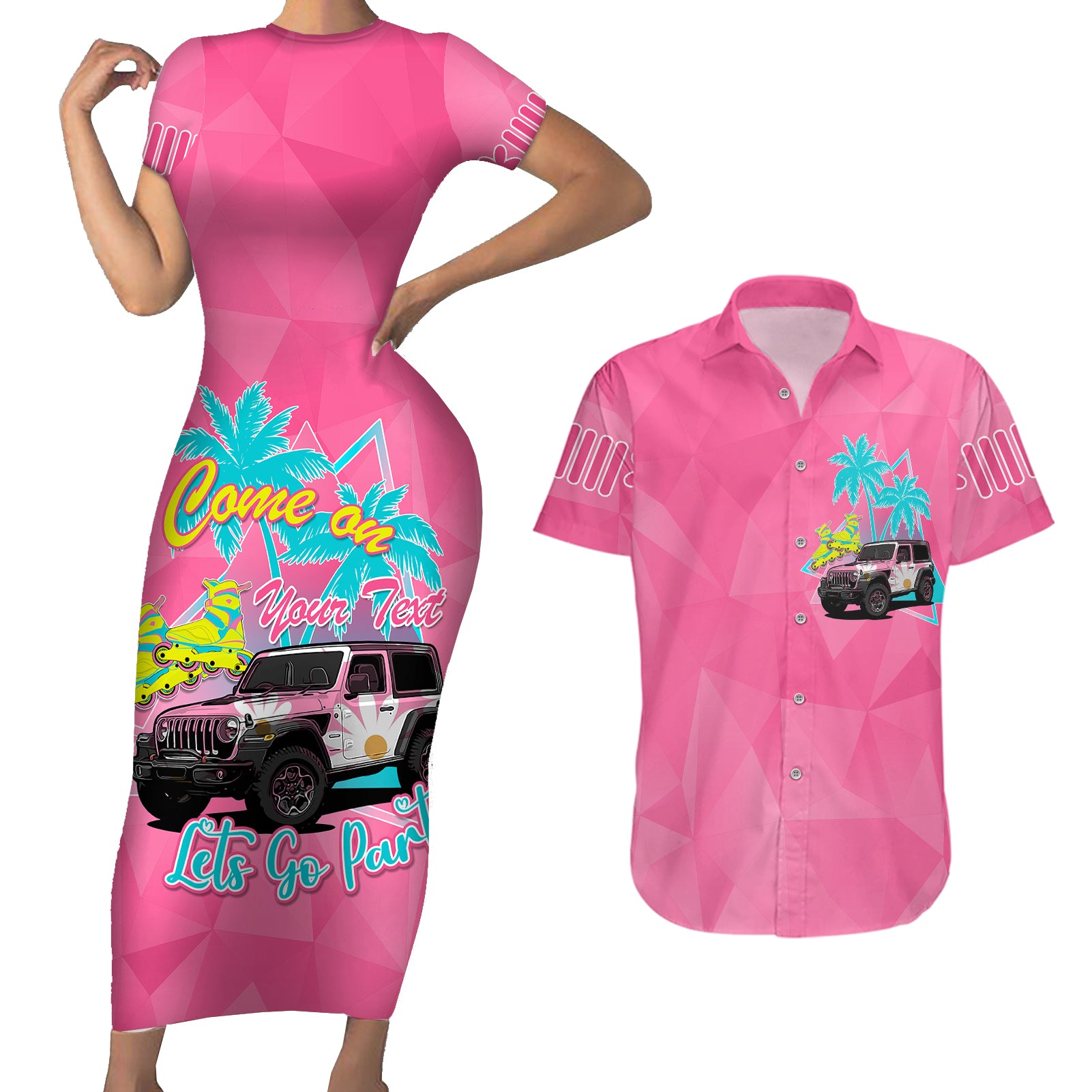 personalised-jeep-girl-couples-matching-short-sleeve-bodycon-dress-and-hawaiian-shirt-doll-pink-party