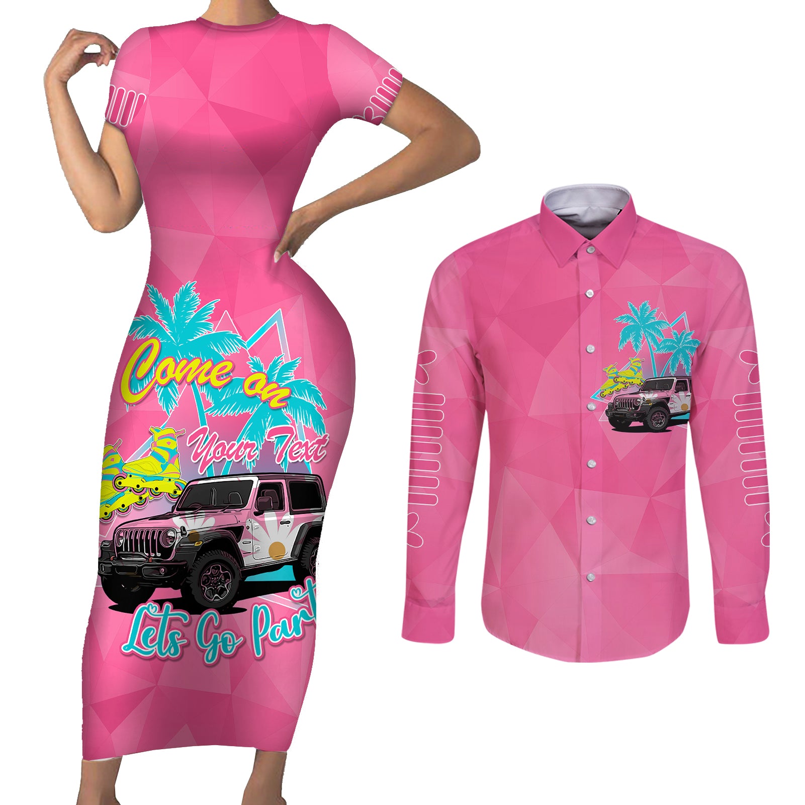 personalised-jeep-girl-couples-matching-short-sleeve-bodycon-dress-and-long-sleeve-button-shirts-doll-pink-party